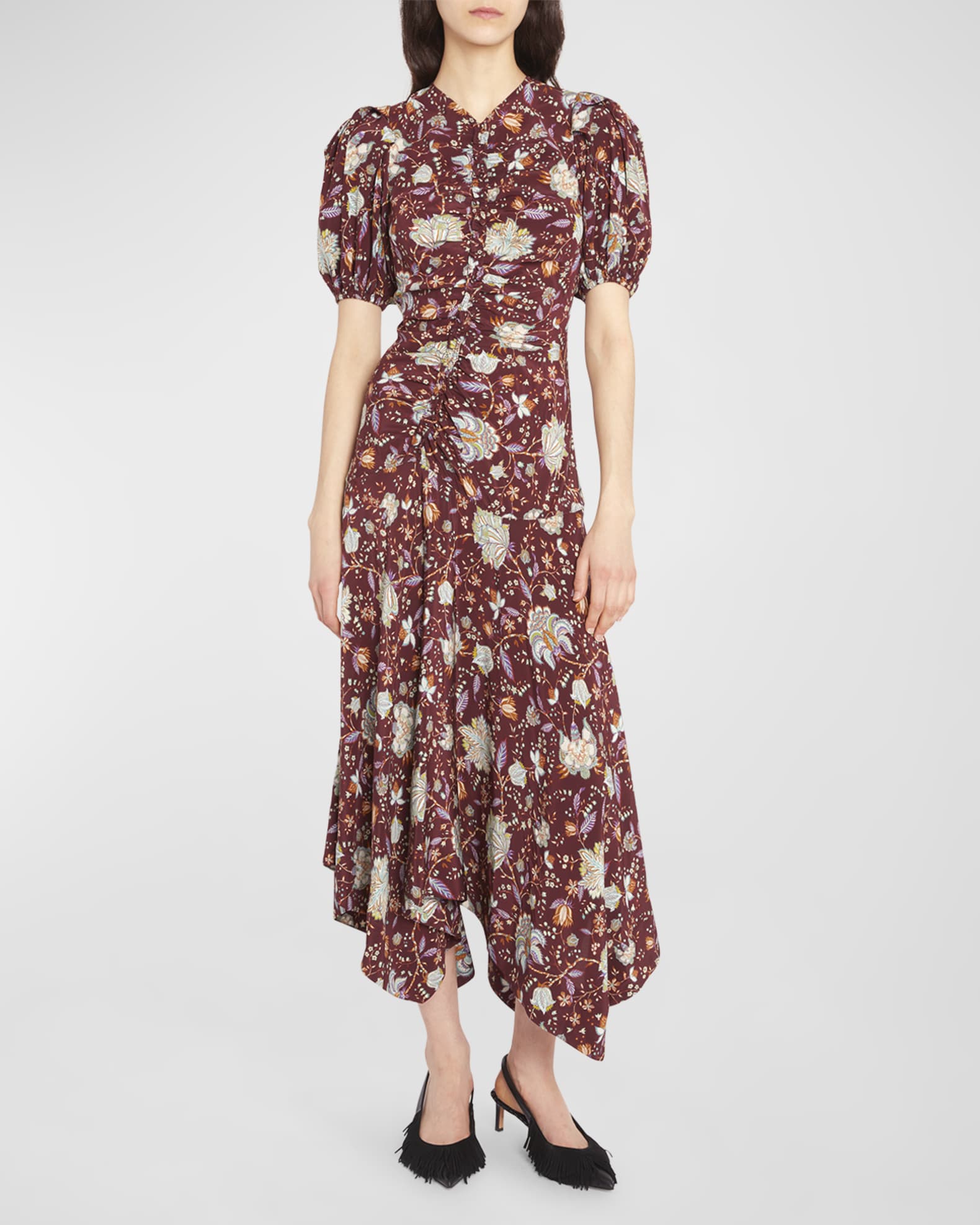 Ulla Johnson Heleen Puff-Sleeve Floral Silk Asymmetric Midi Dress ...