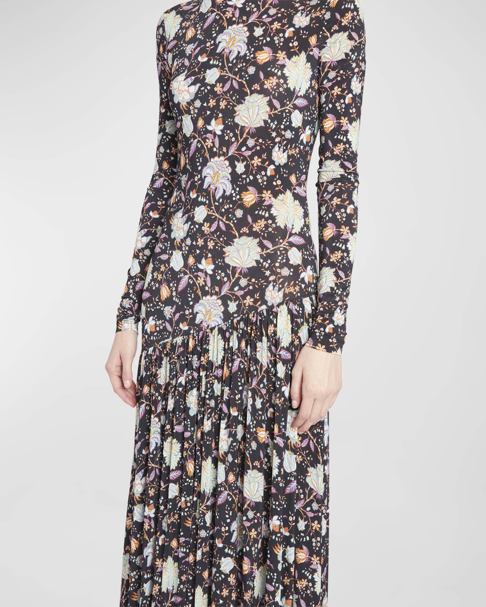 Ulla Johnson Fernanda Floral Pleated Asymmetric Midi Dress | Neiman Marcus