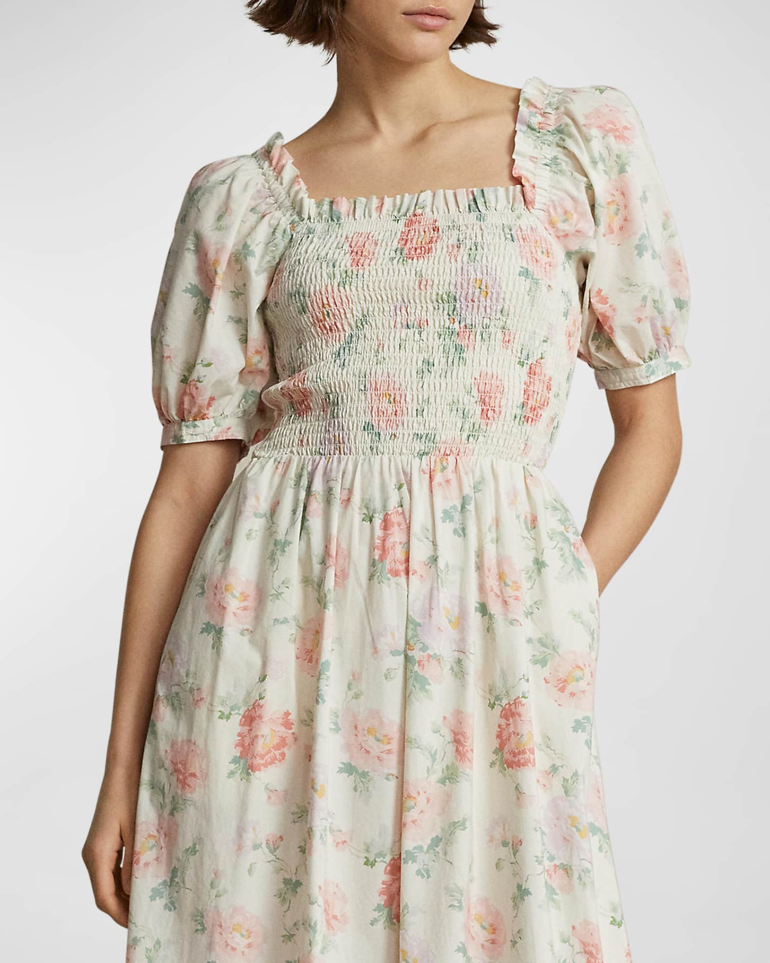 Polo Ralph Lauren Floral-Print Smocked Cotton Dress | Neiman Marcus
