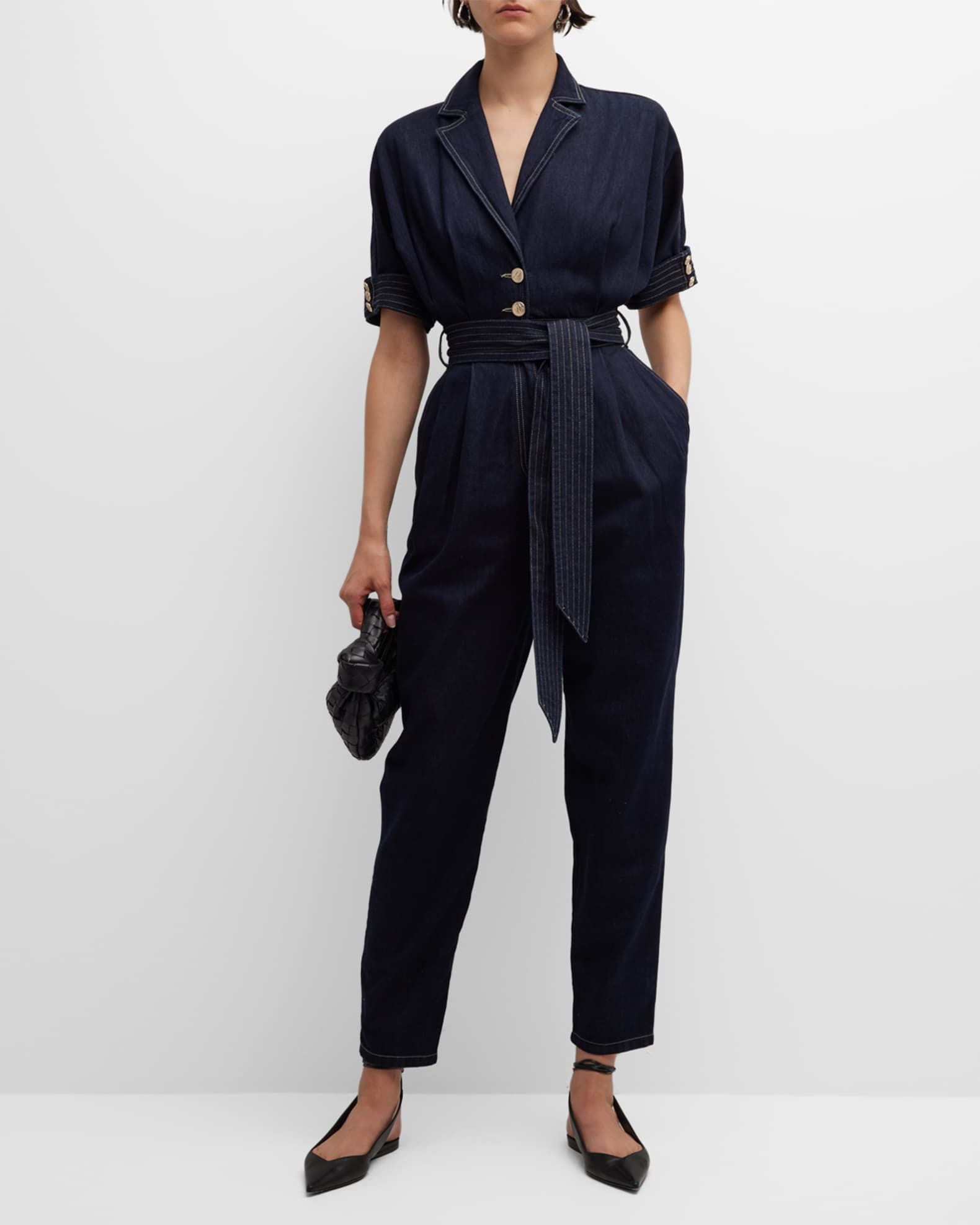 Pleated Belted Denim Jumpsuit