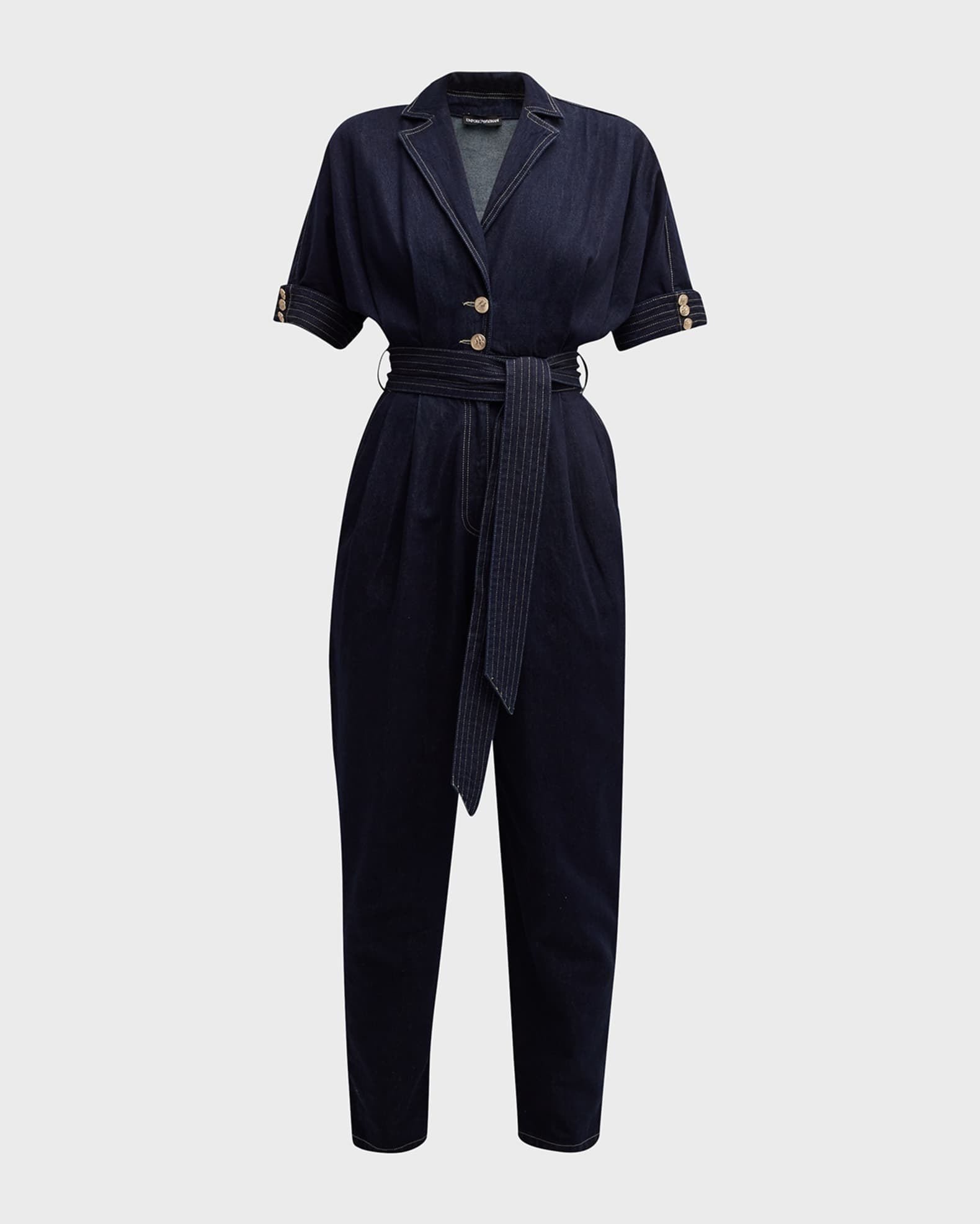 Pleated Belted Denim Jumpsuit