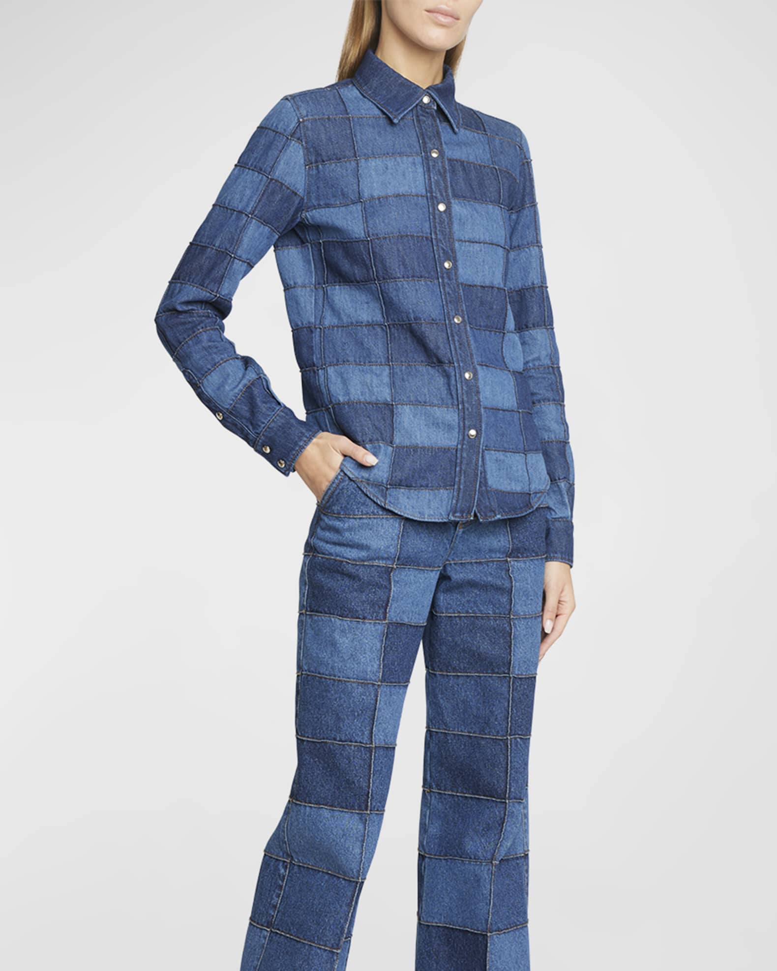 Chloe Recycled Patchwork Denim Button-Front Shirt | Neiman Marcus