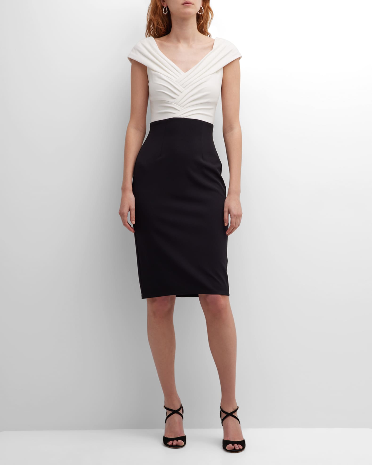 Tadashi Shoji Pleated Two-Tone Crepe Midi Dress | Neiman Marcus