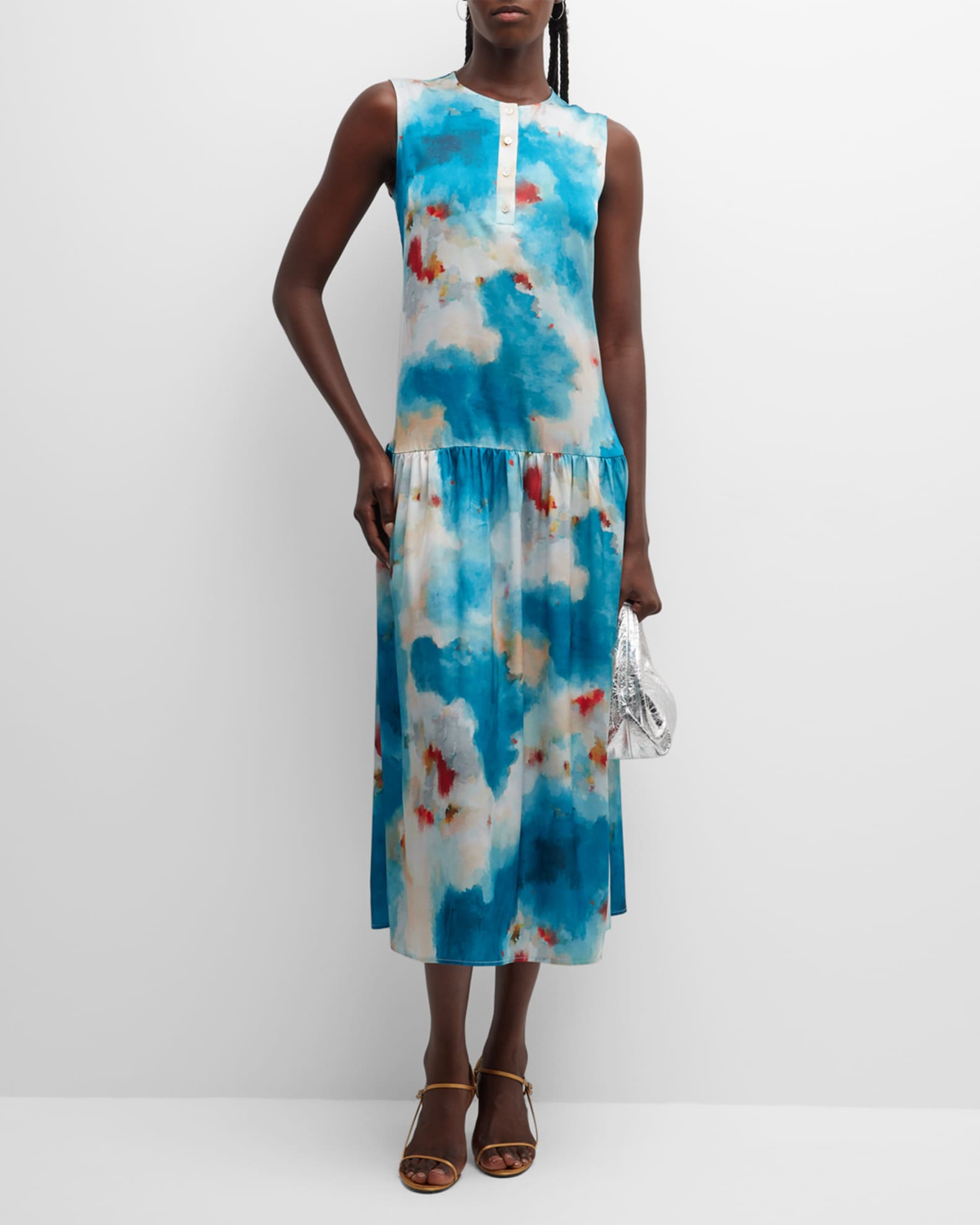 Misook Watercolor-Print Tie-Neck Crepe Midi Dress | Neiman Marcus
