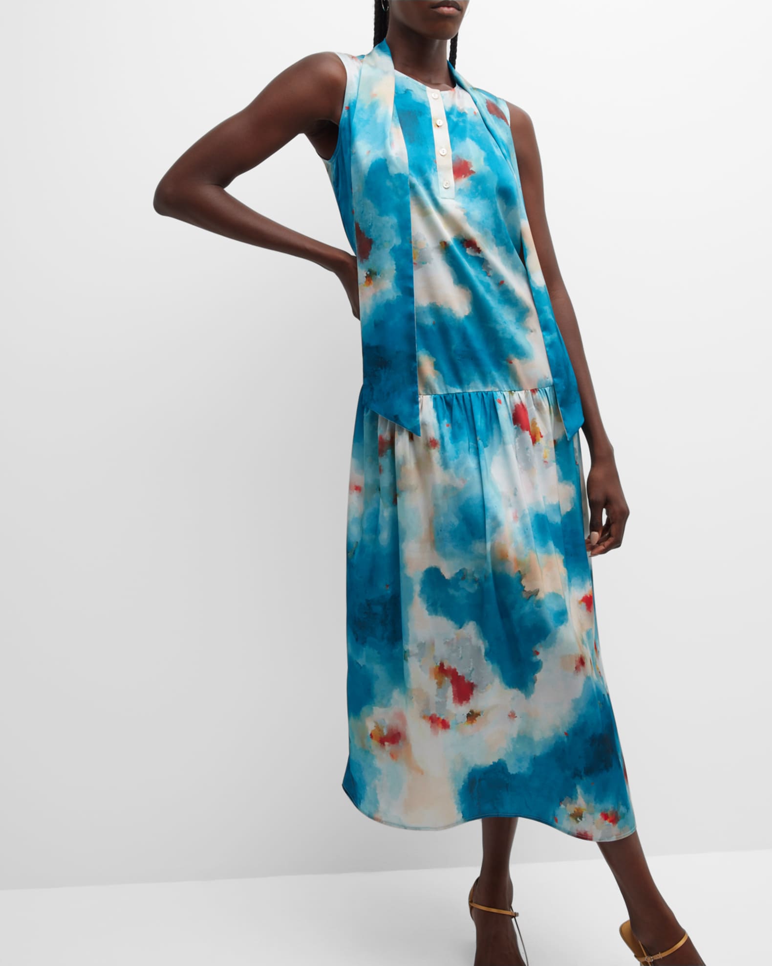 Misook Watercolor-Print Tie-Neck Crepe Midi Dress | Neiman Marcus