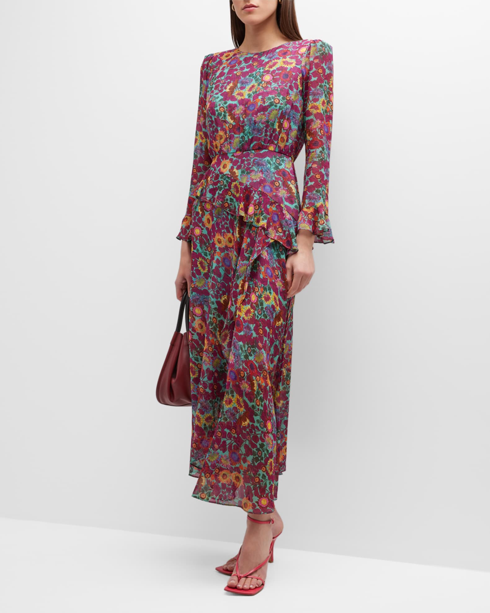 Saloni Jolene Floral Silk Long Ruffle Dress | Neiman Marcus