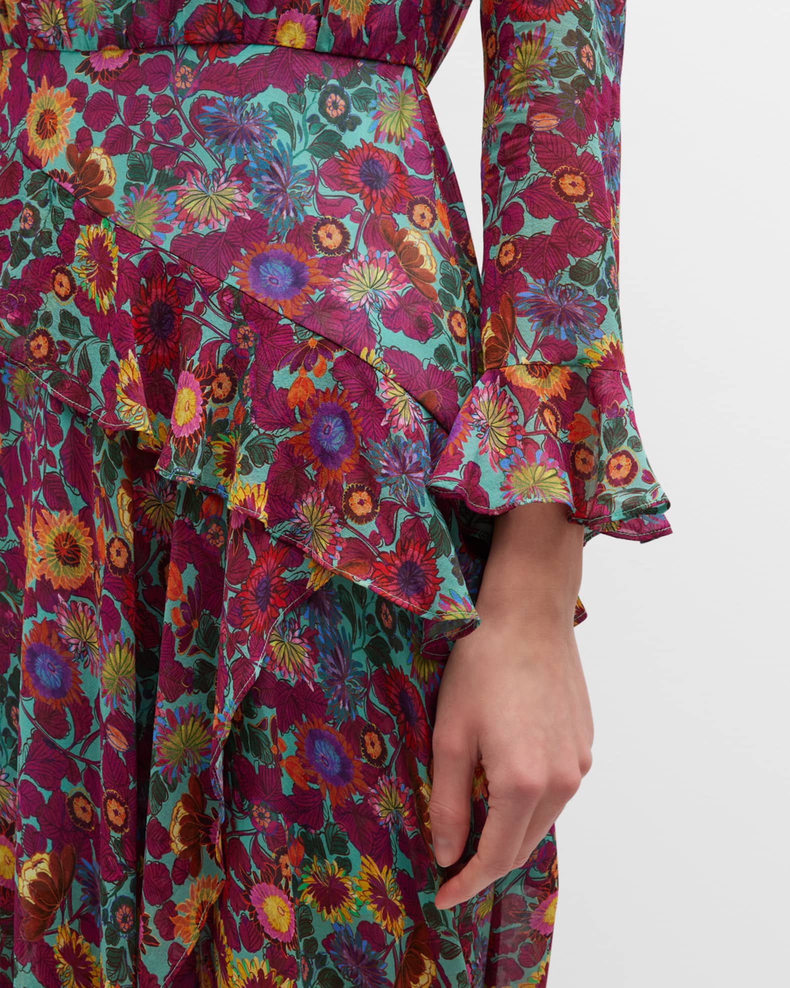 Saloni Jolene Floral Silk Long Ruffle Dress Neiman Marcus