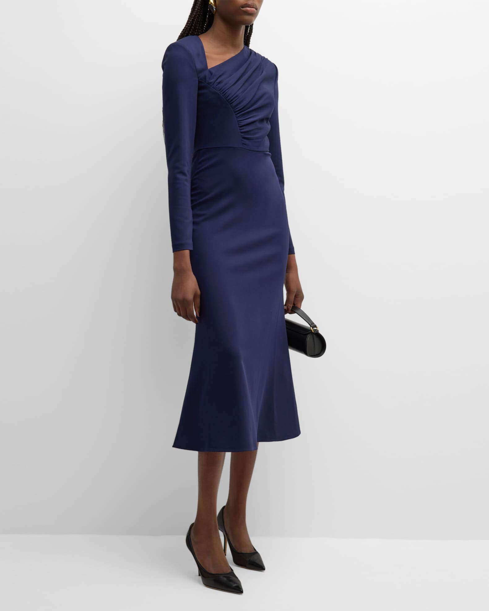 Roland Mouret Ruched Long-Sleeve Stretch Cady Midi Dress | Neiman Marcus