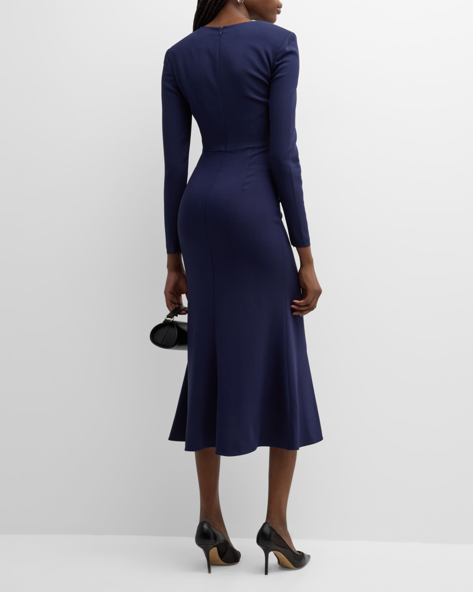 Roland Mouret Ruched Long-Sleeve Stretch Cady Midi Dress | Neiman Marcus