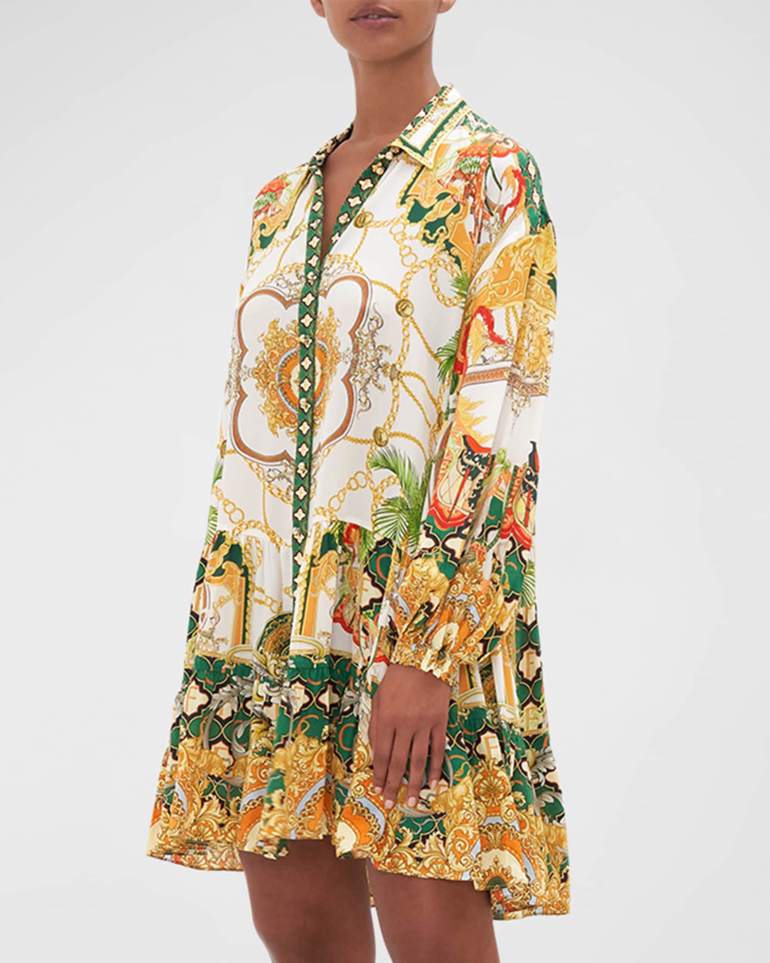 Camilla My Sweet Devotion Tiered Silk Mini Shirtdress | Neiman Marcus