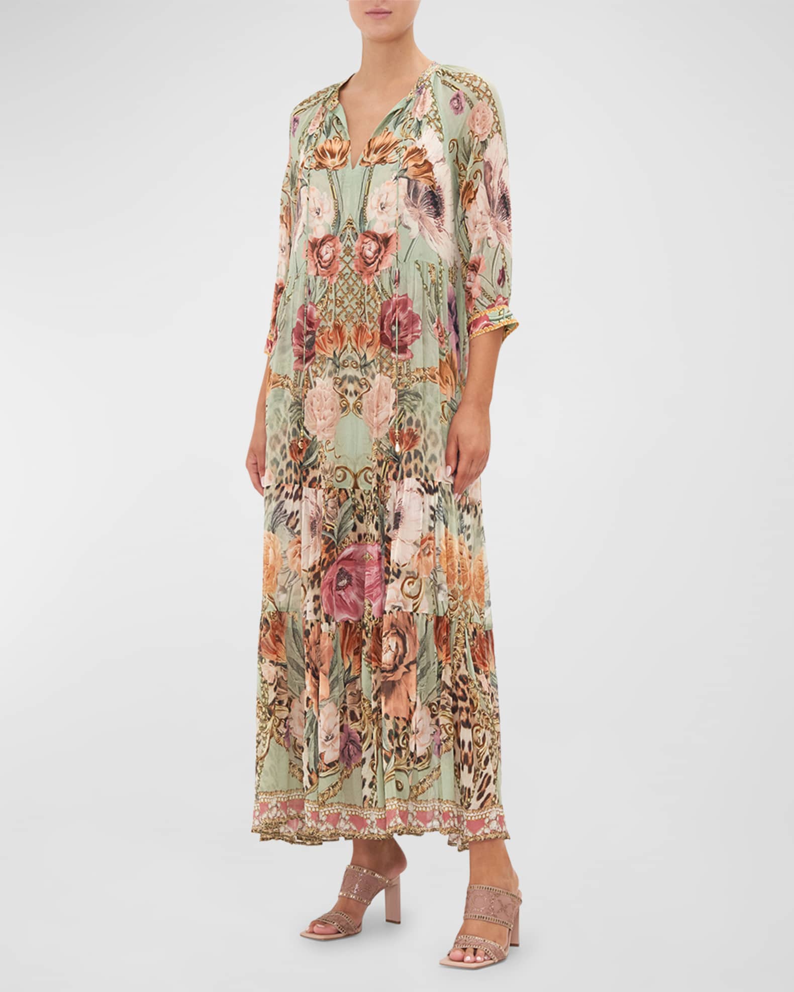 Camilla Grow & Glow Long Gathered Paneled Floral Silk Dress | Neiman Marcus