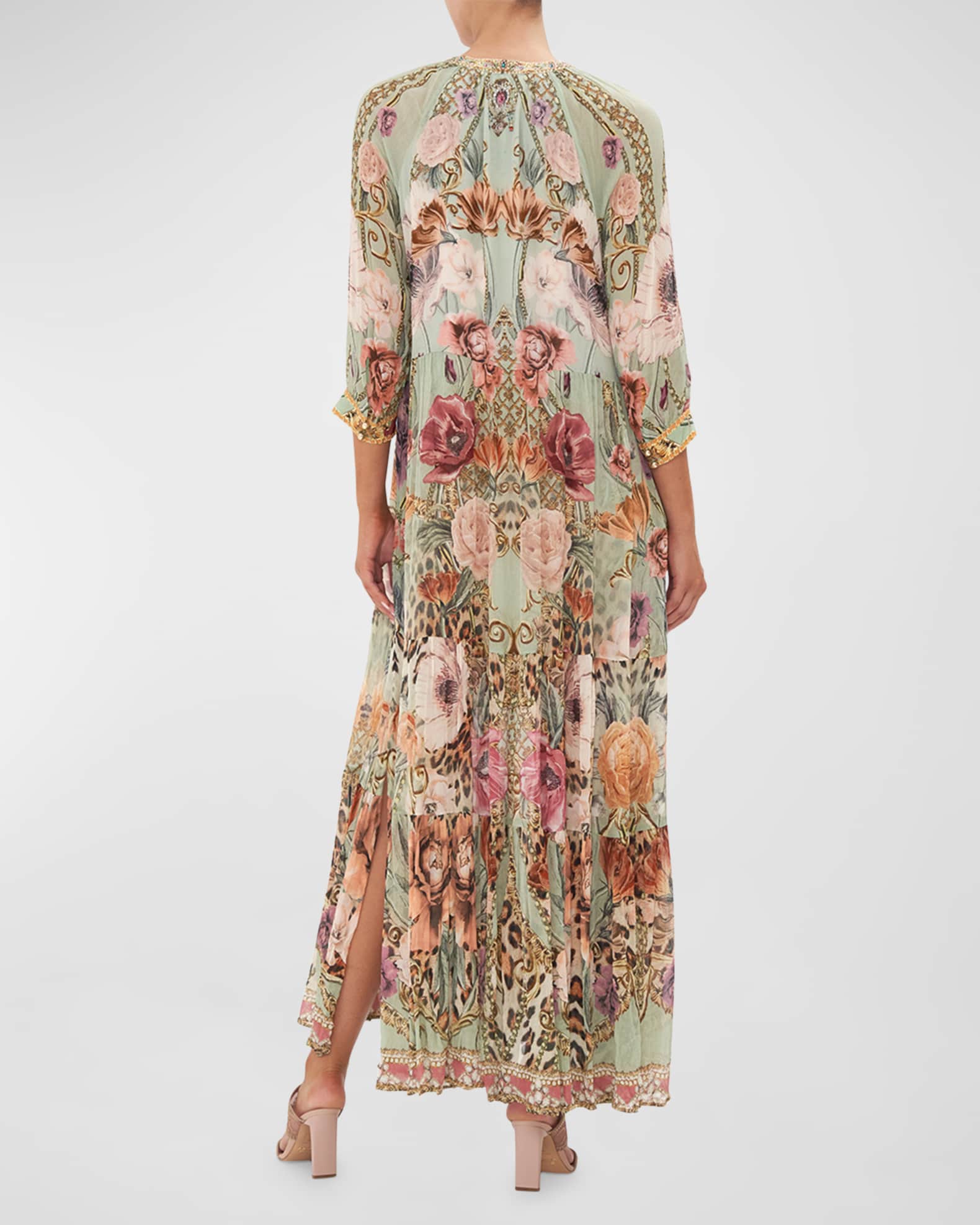 Camilla Grow & Glow Long Gathered Paneled Floral Silk Dress | Neiman Marcus