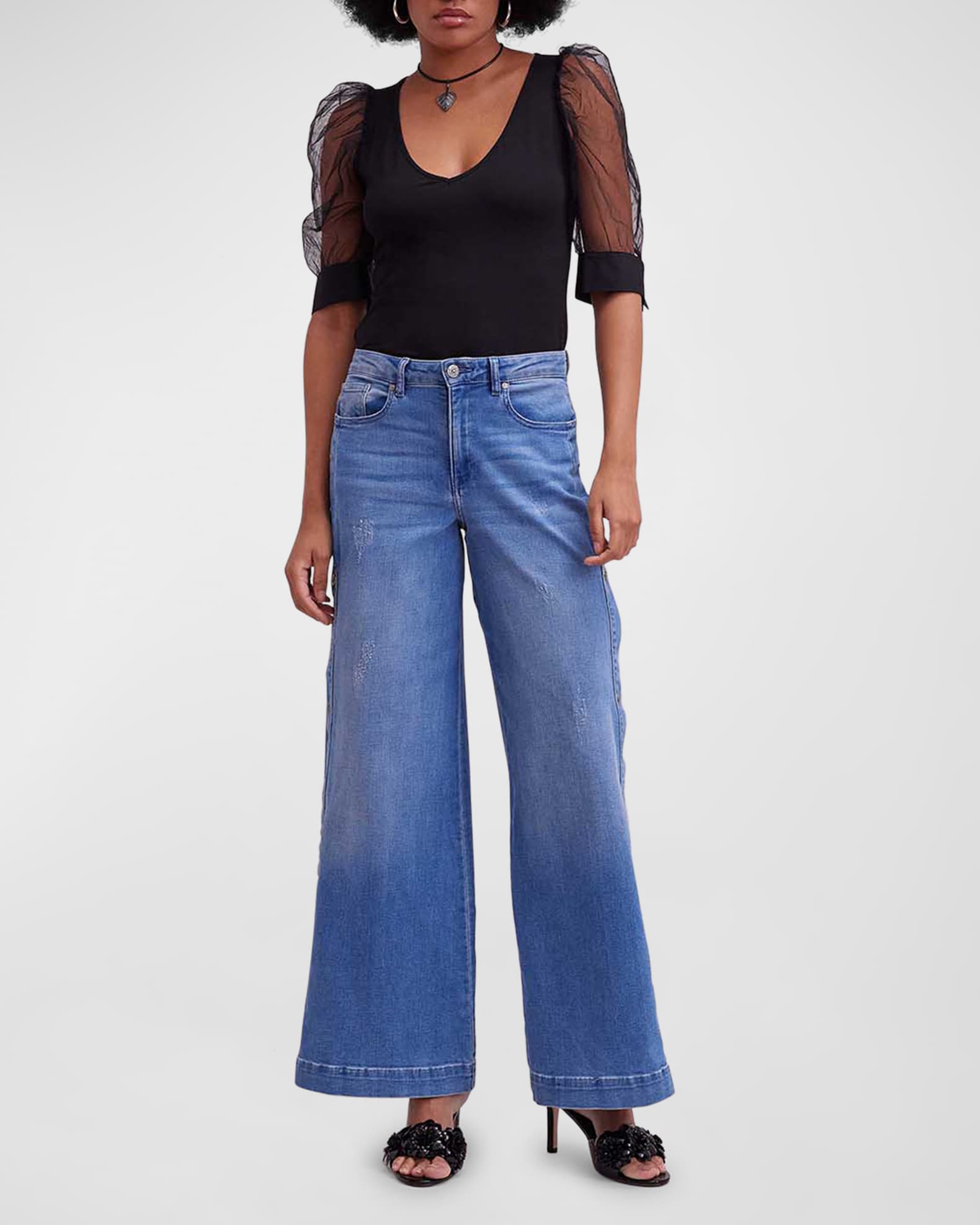 Aerial Sheer Puff-Sleeve V-Neck T-Shirt 1