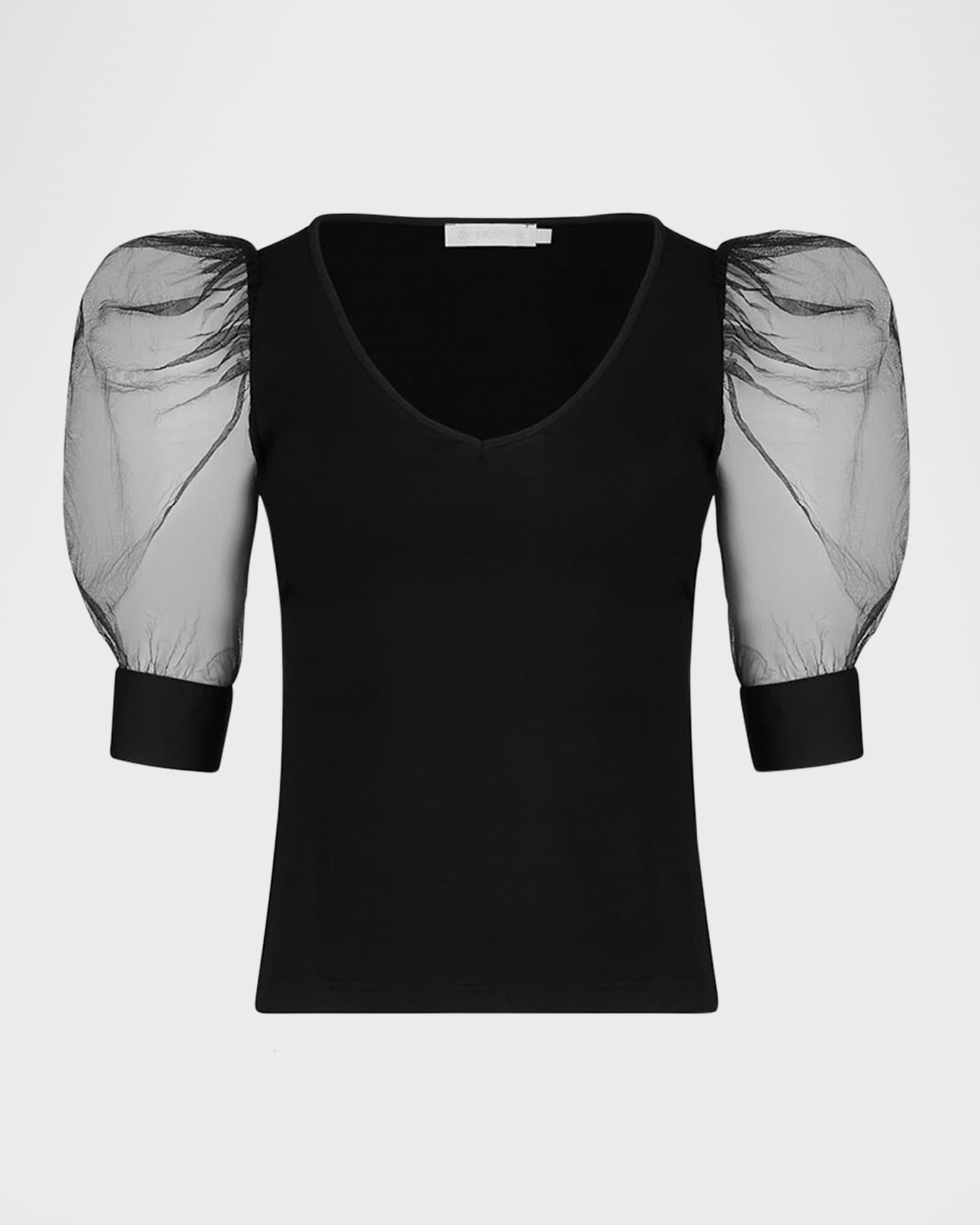 Aerial Sheer Puff-Sleeve V-Neck T-Shirt 0