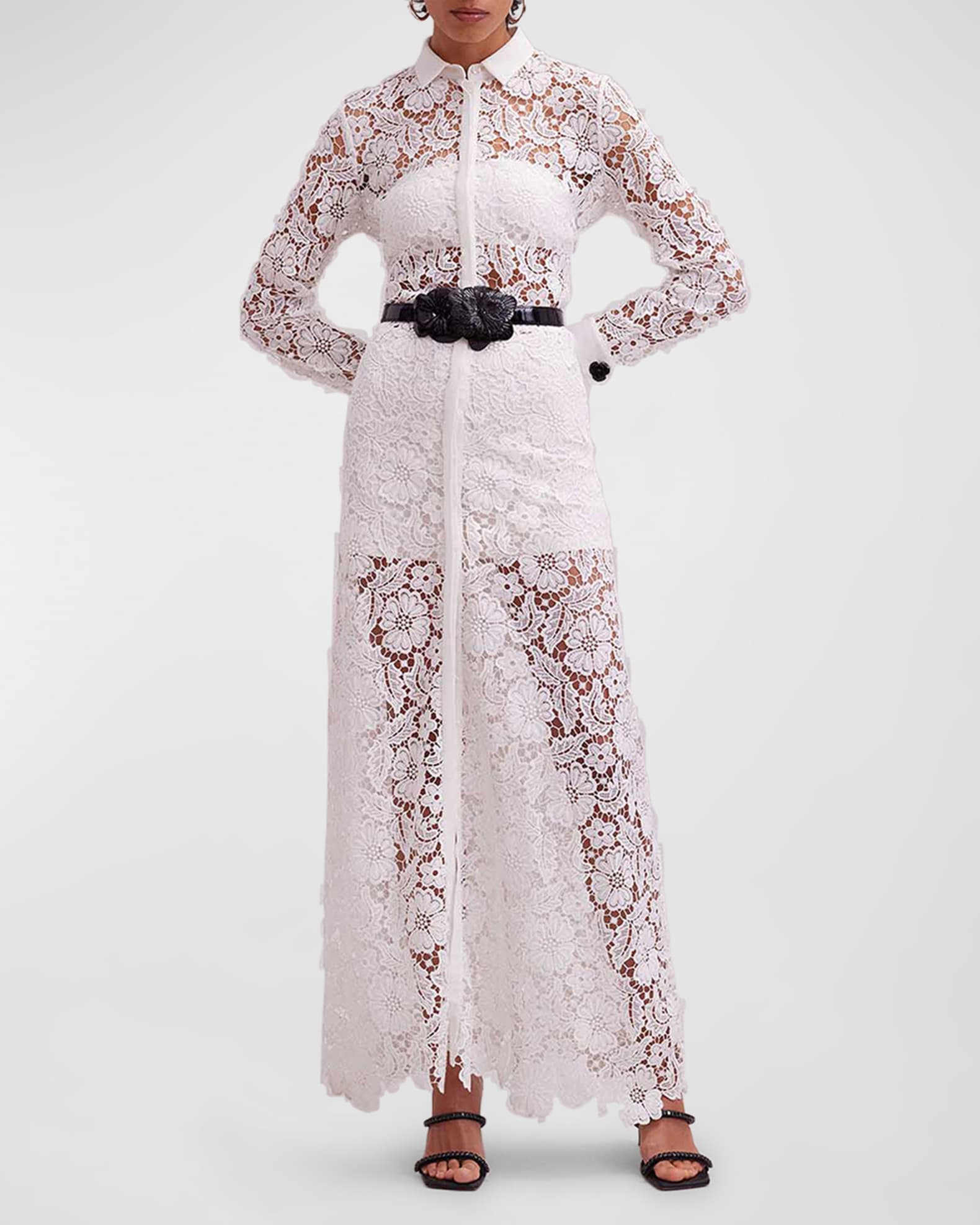 Anne Fontaine Violeta White Semi Sheer Floral Lace Long Dress Size 44