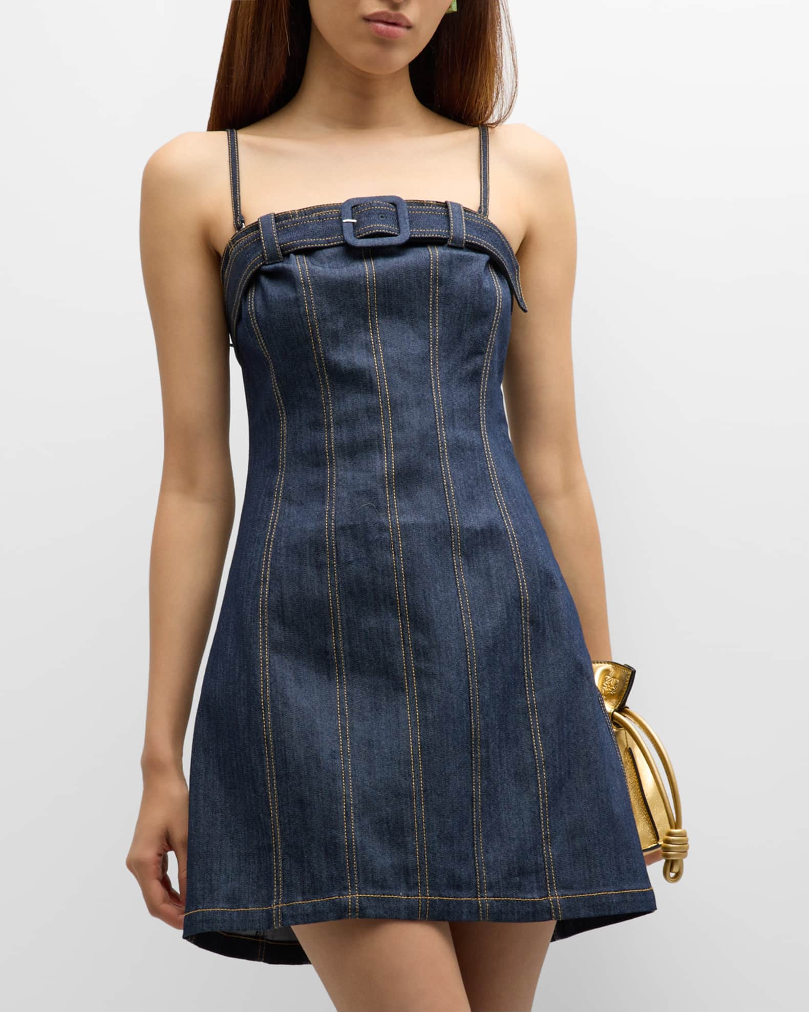 Cinq a Sept Shirla Topstitched Mini Denim Dress | Neiman Marcus