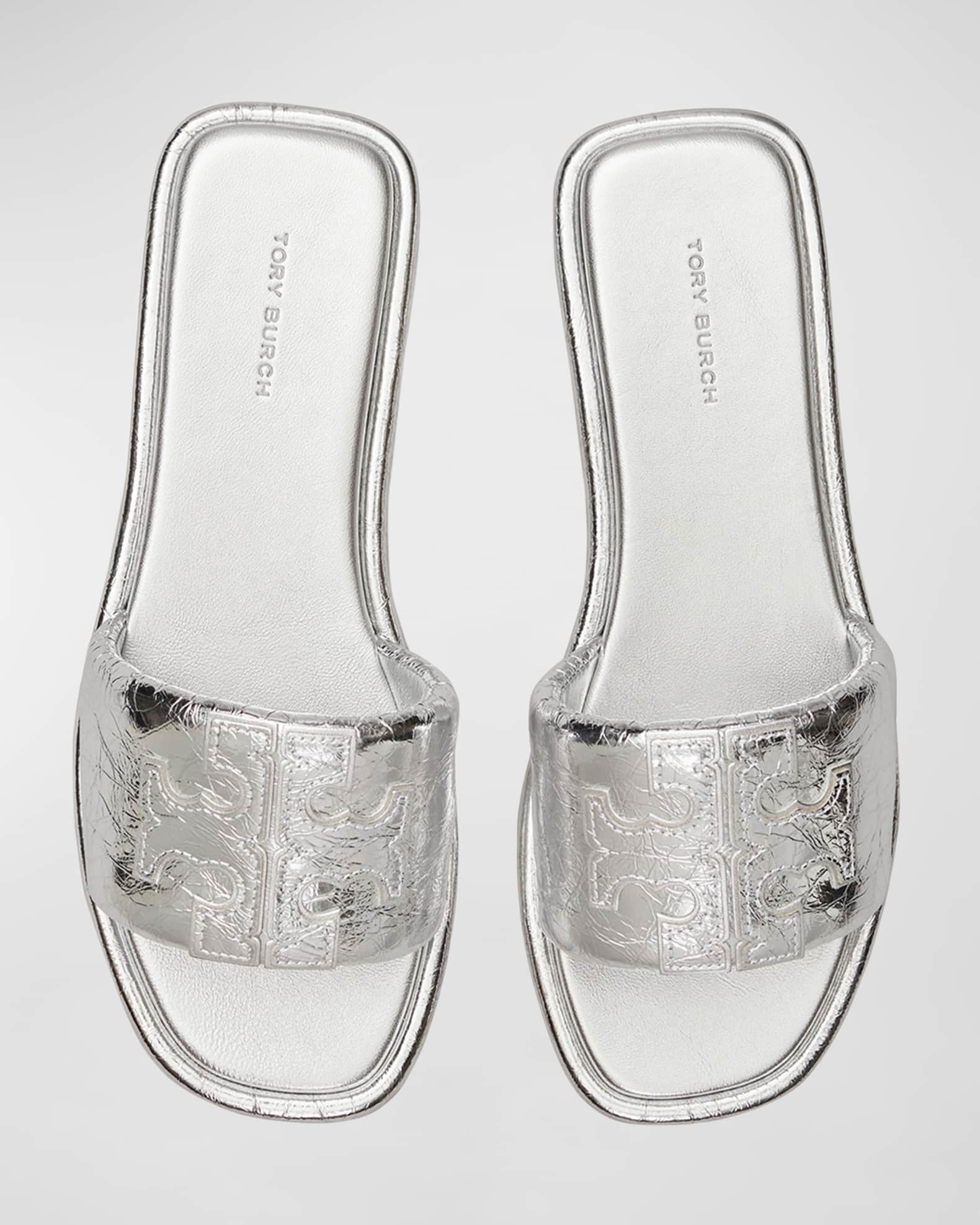 Tory Burch Double T Metallic Flat Slide Sandals | Neiman Marcus