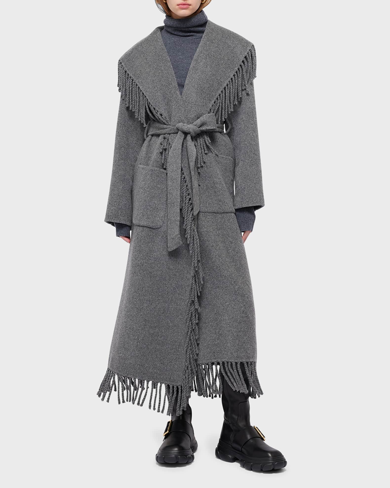 Louis Vuitton  Black Hooded Wrap Coat In Wool & Silk With Fringe