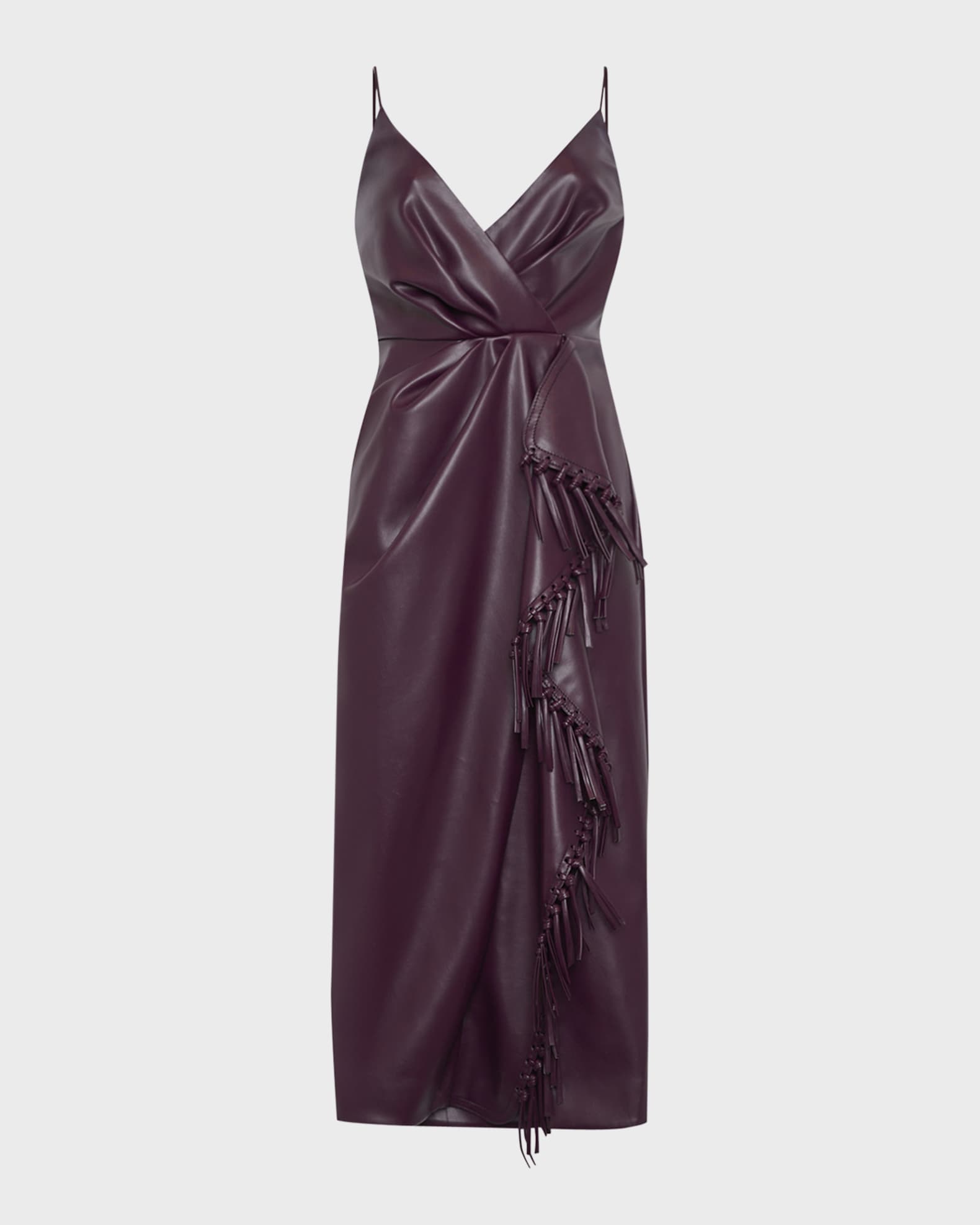 SIMKHAI Carlee Vegan Leather Fringe Faux-Wrap Midi Dress | Neiman Marcus