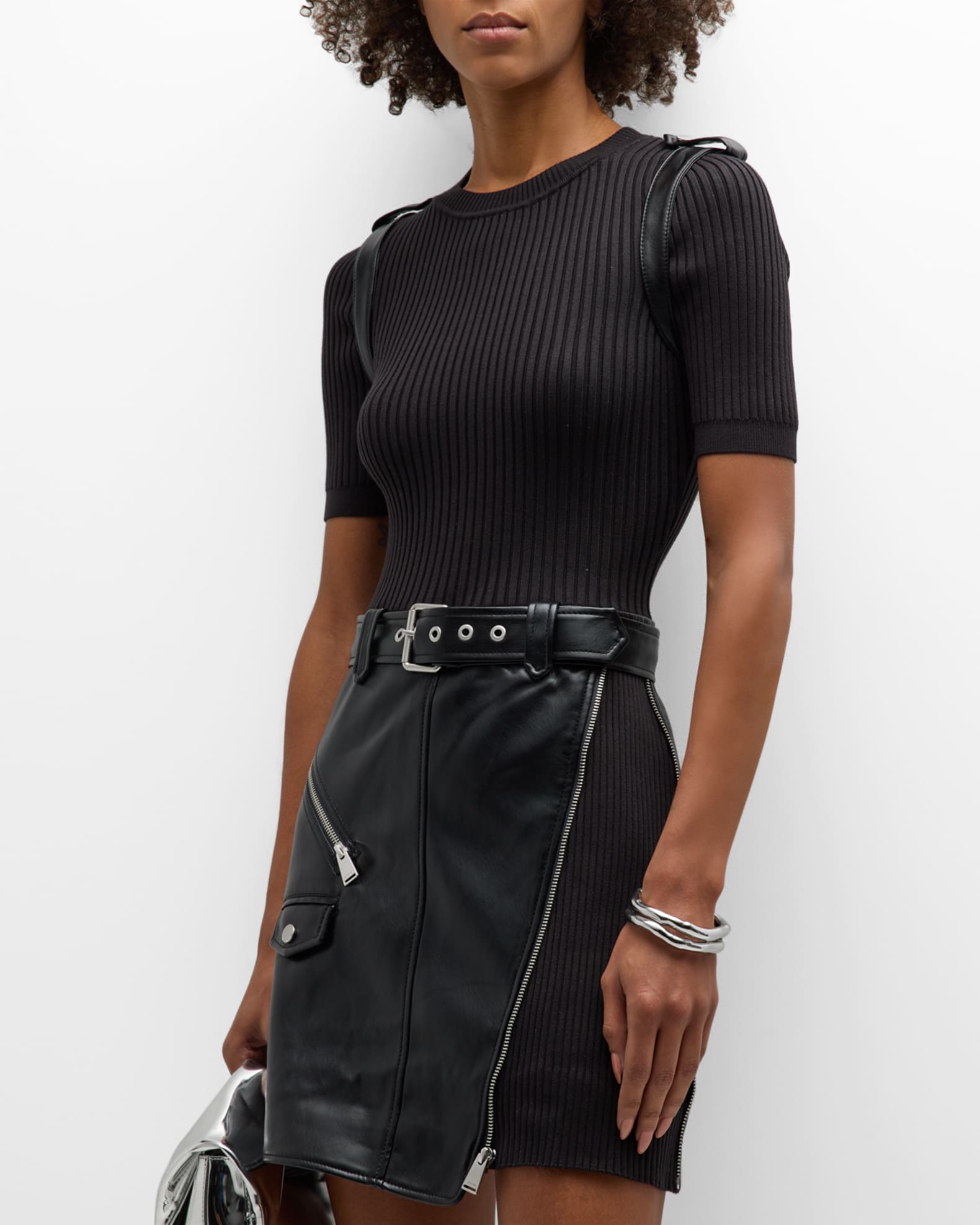 SIMKHAI Anisa Belted Vegan Leather & Knit Combo Mini Dress | Neiman Marcus