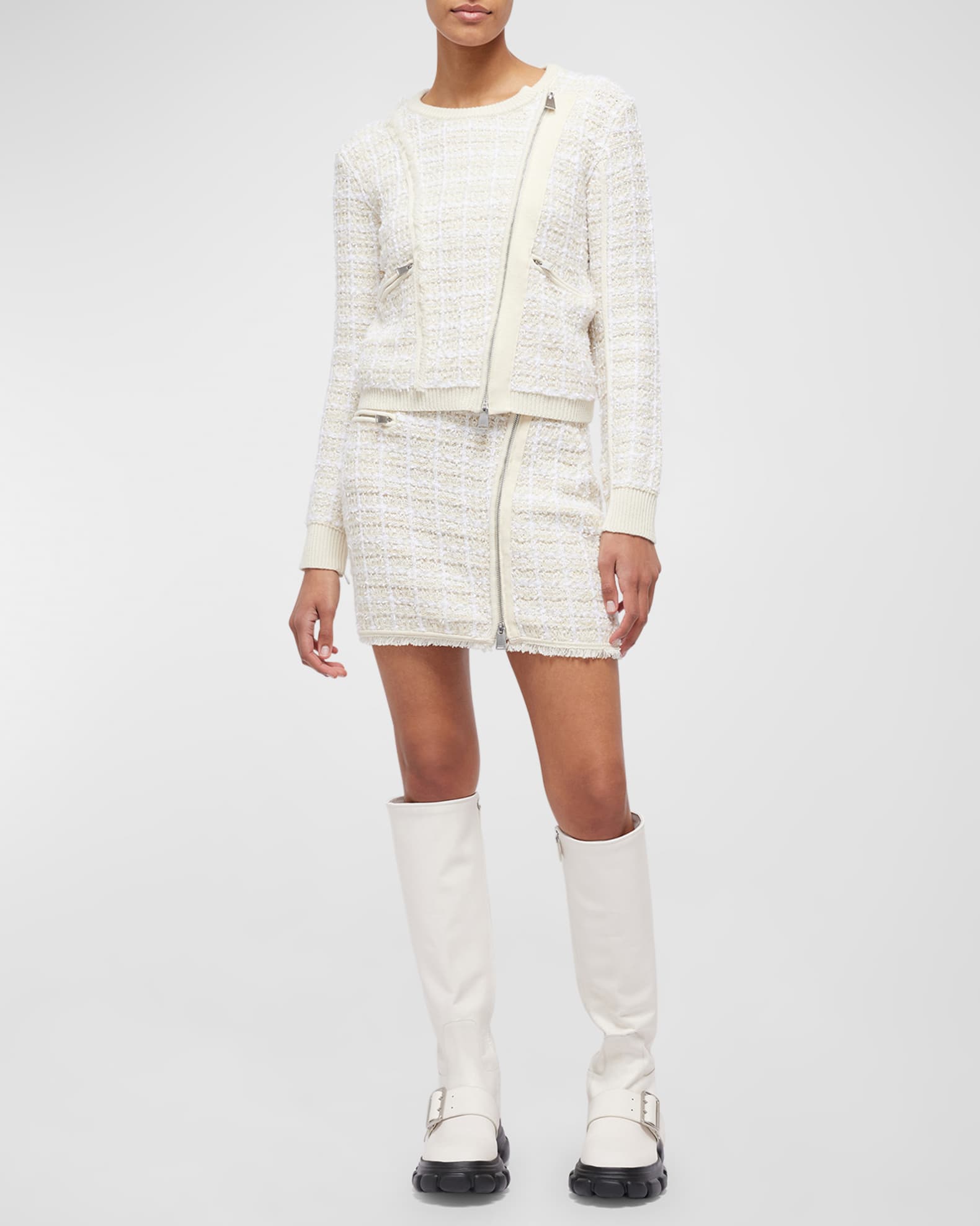 SIMKHAI Oria Asymmetric Zip Tweed Mini Skirt Neiman Marcus