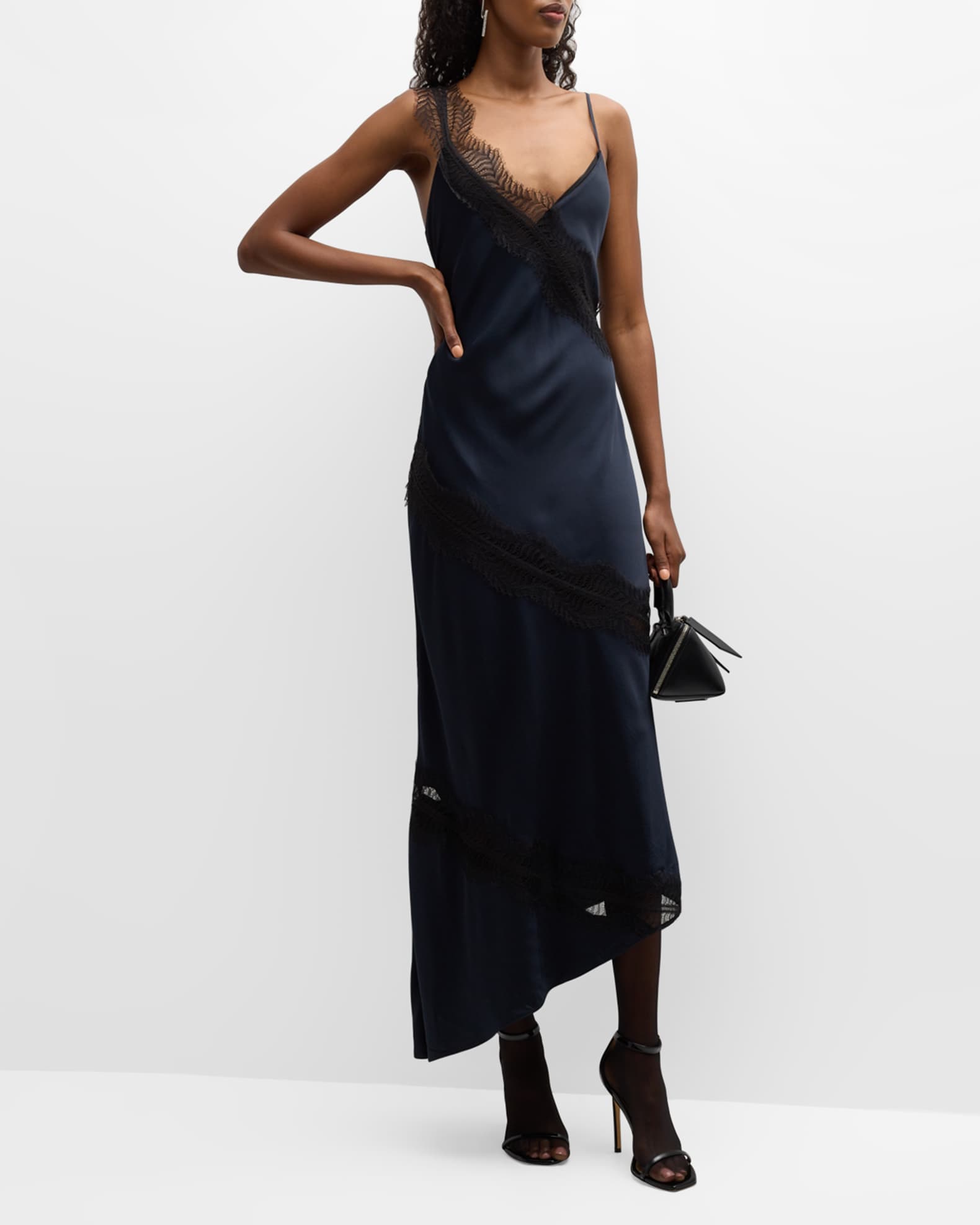 A.L.C. Soleil Satin Lace Asymmetric Maxi Dress | Neiman Marcus