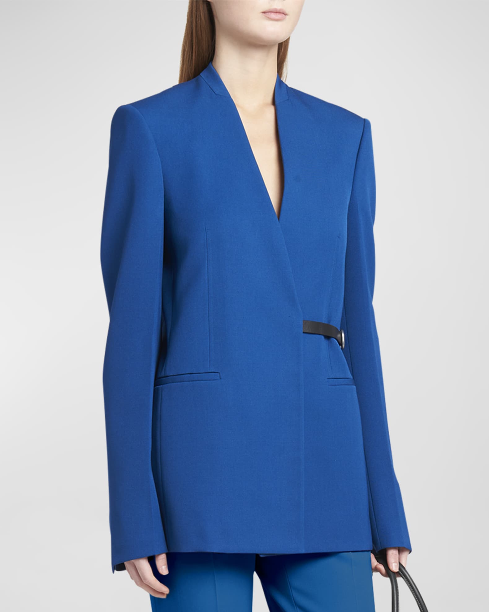 Jil Sander Leather-Trim Collarless Blazer Jacket | Neiman Marcus