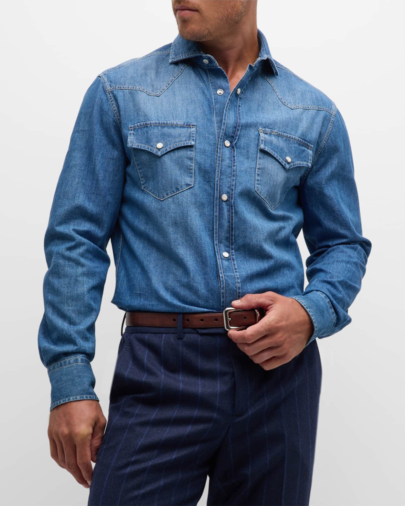 JOHN LOUIS Men Printed Casual Blue, Grey Shirt - Buy Denim Blue 5