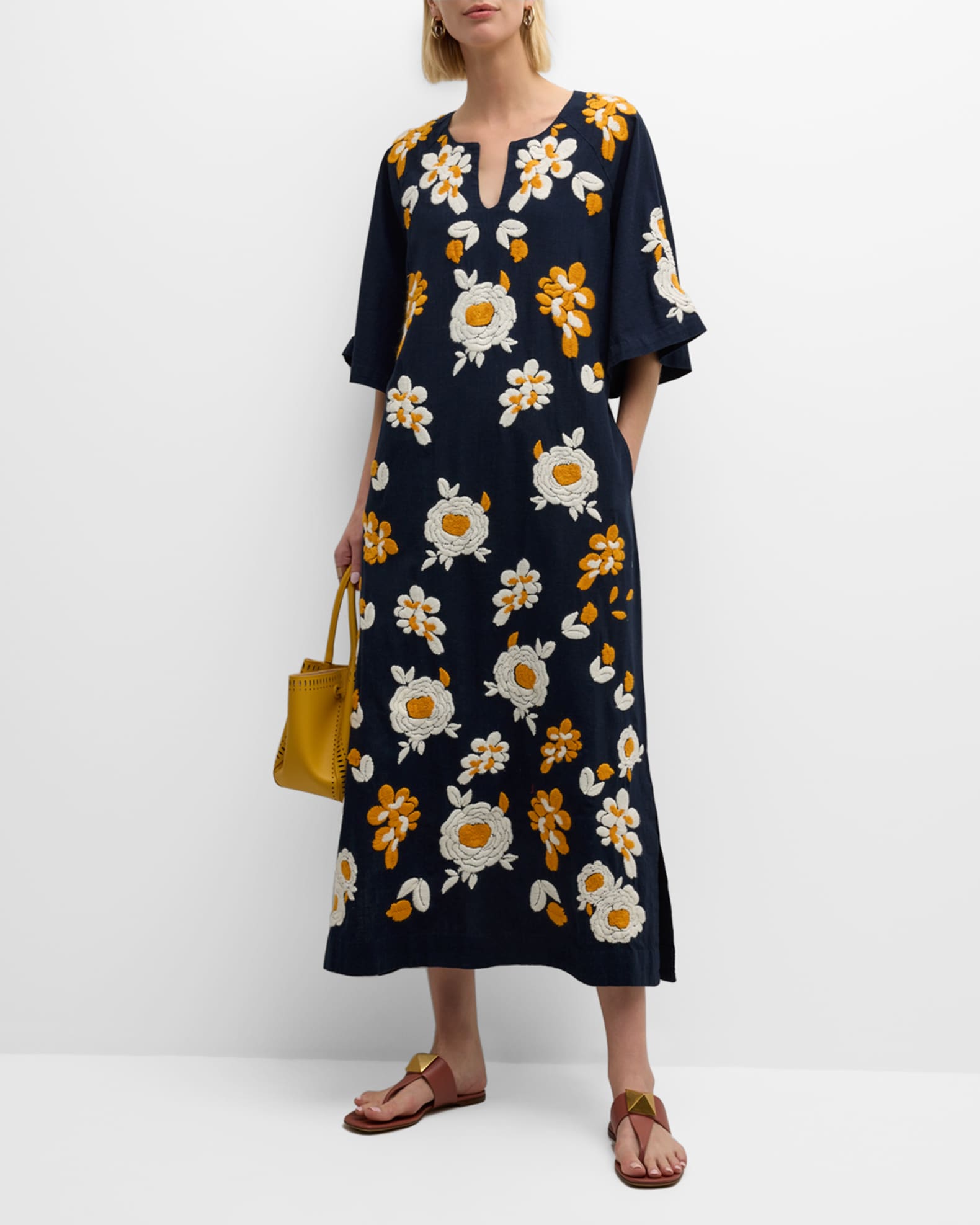 Frances Valentine Dreamy FloralEmbroidered ElbowSleeve Dress Neiman Marcus