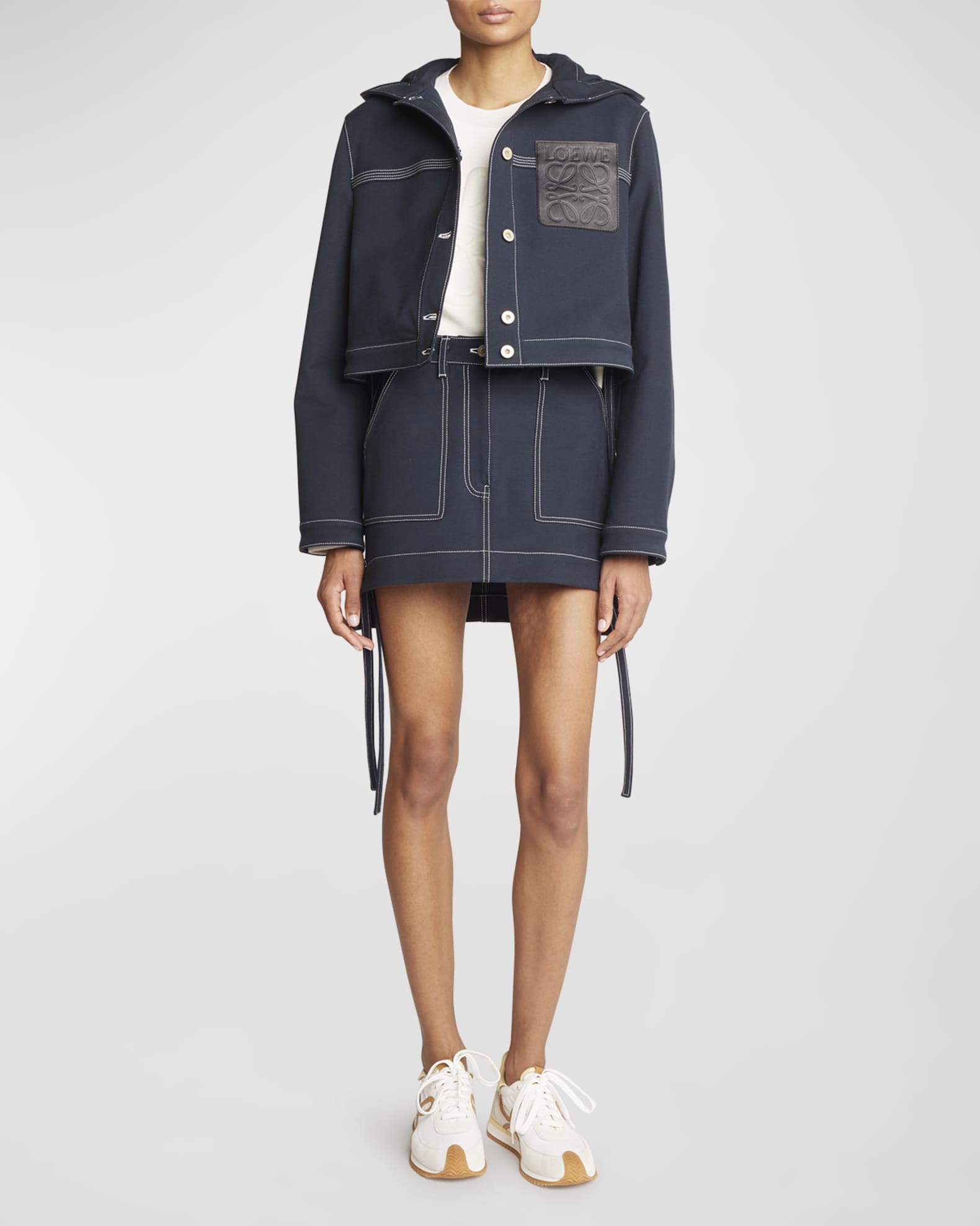Loewe Leather-Pocket Crop Hooded Workwear Jacket | Neiman Marcus