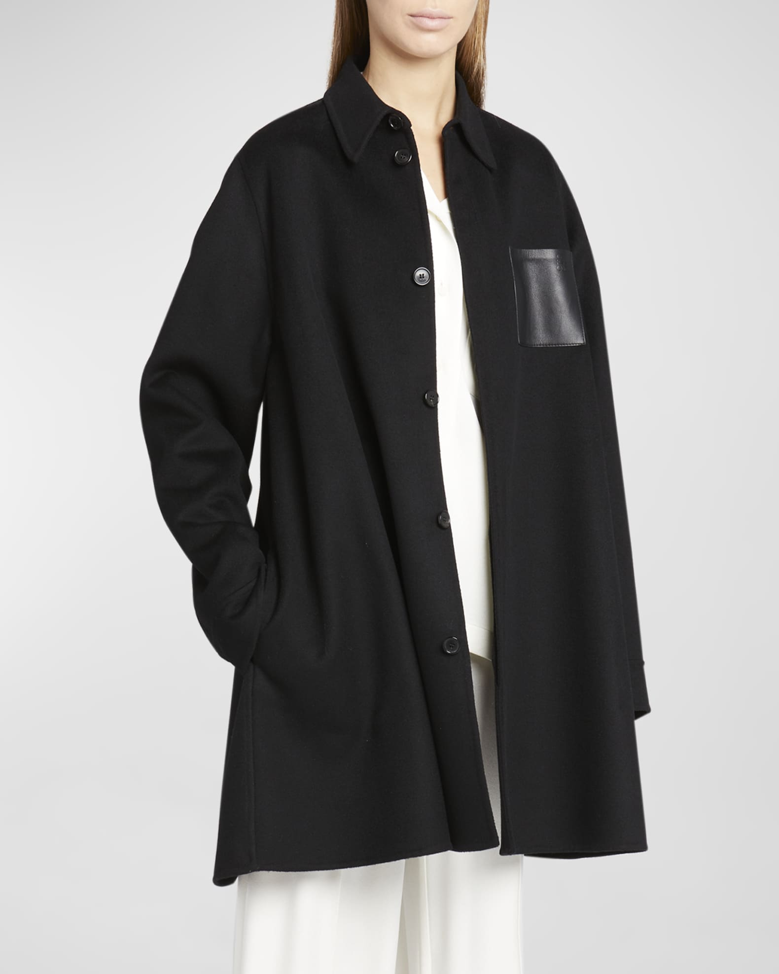 Anagram Leather-Pocket Wool Trapeze Coat