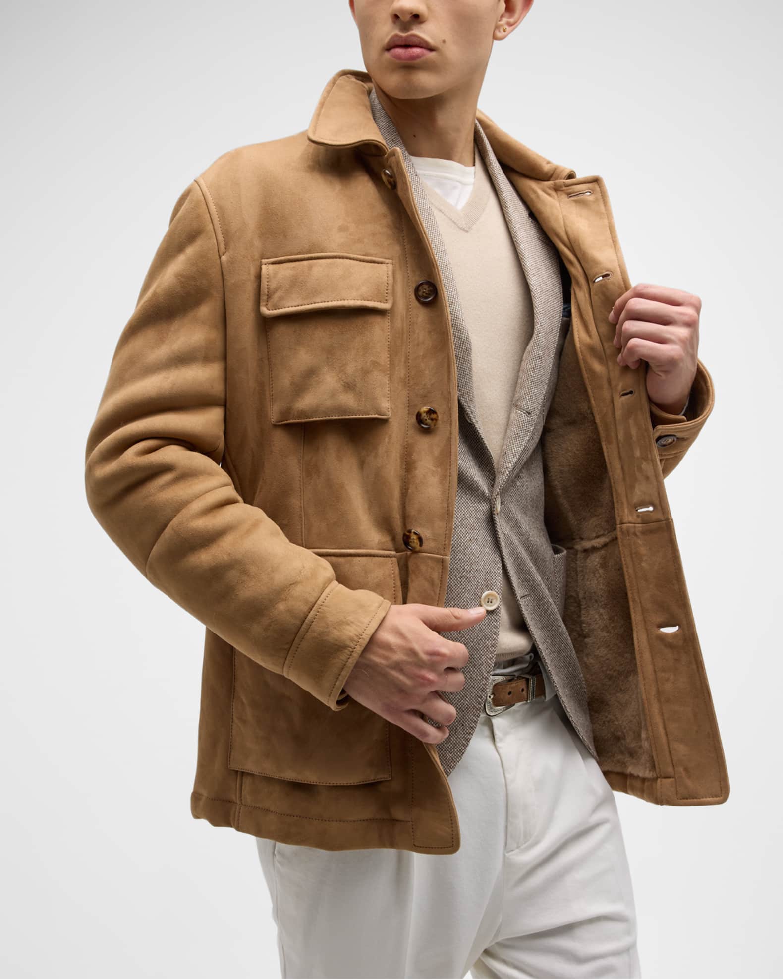 Brunello Cucinelli Men's Shearling-Lined Suede Field Jacket | Neiman Marcus