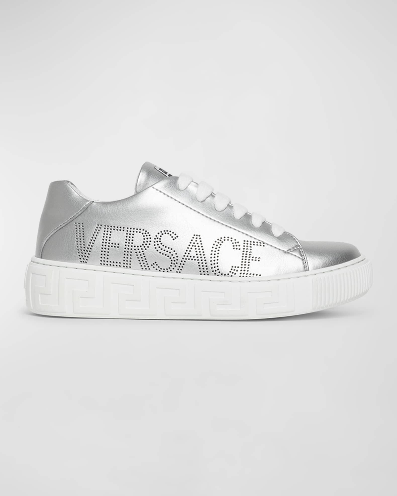 Versace Kid s Greca Embossed Logo Print Faux Leather Sneakers