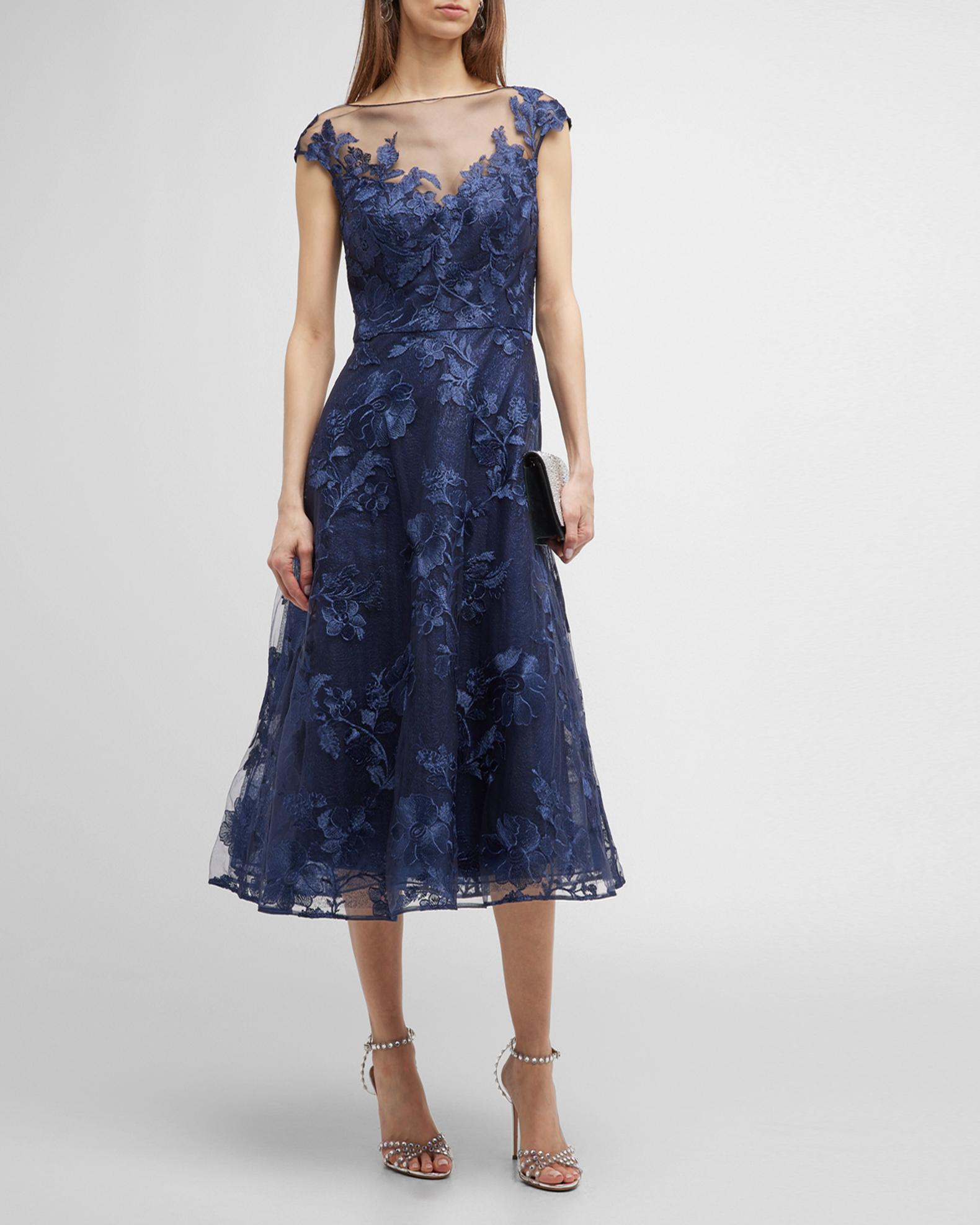 Rickie Freeman for Teri Jon Cap-Sleeve Floral Applique Midi Dress ...