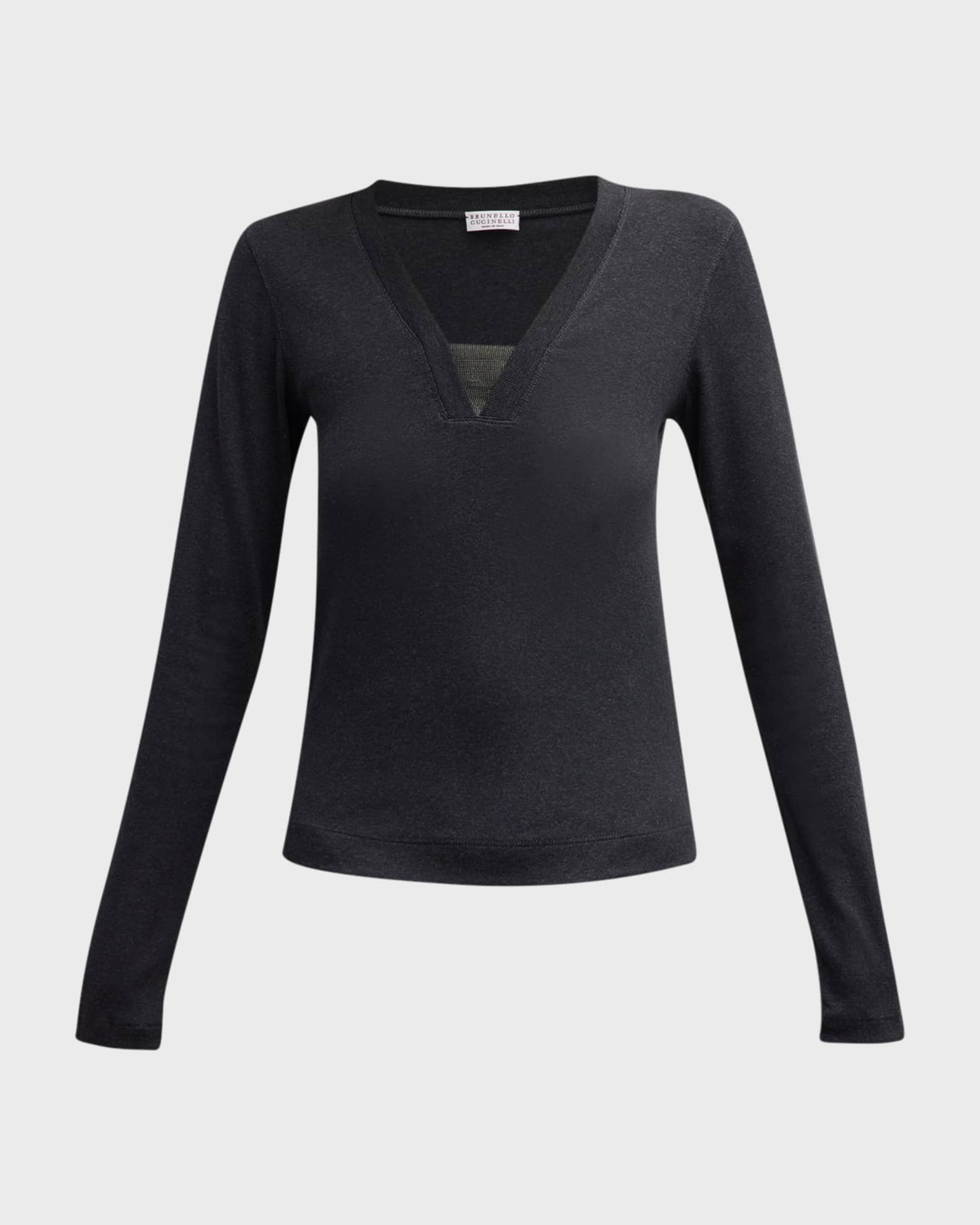 Brunello Cucinelli Cotton Jersey LongSleeve Top With Monili VNeck Neiman Marcus