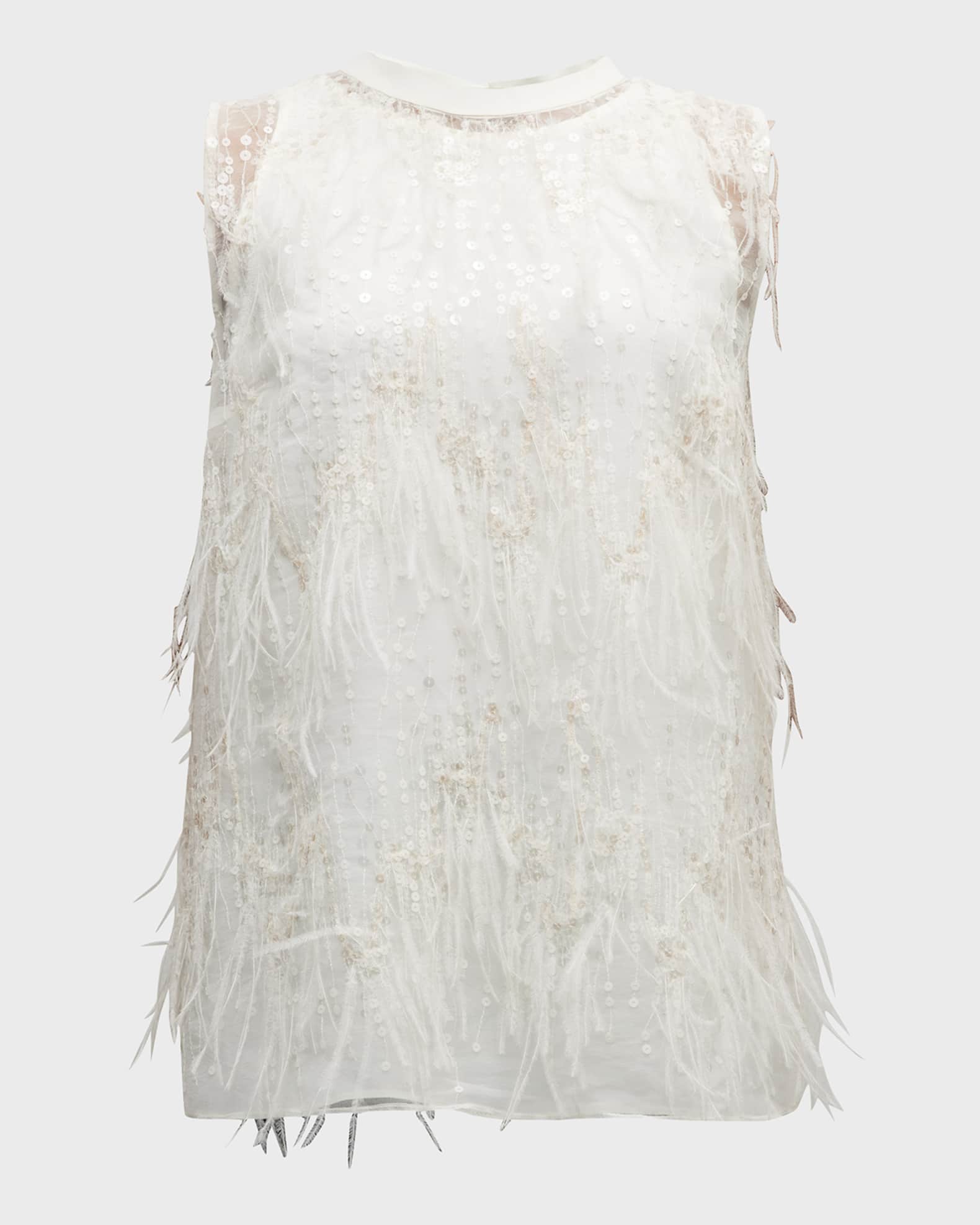 Brunello Cucinelli Sequin and Ostrich Feather Embellished Tank Top