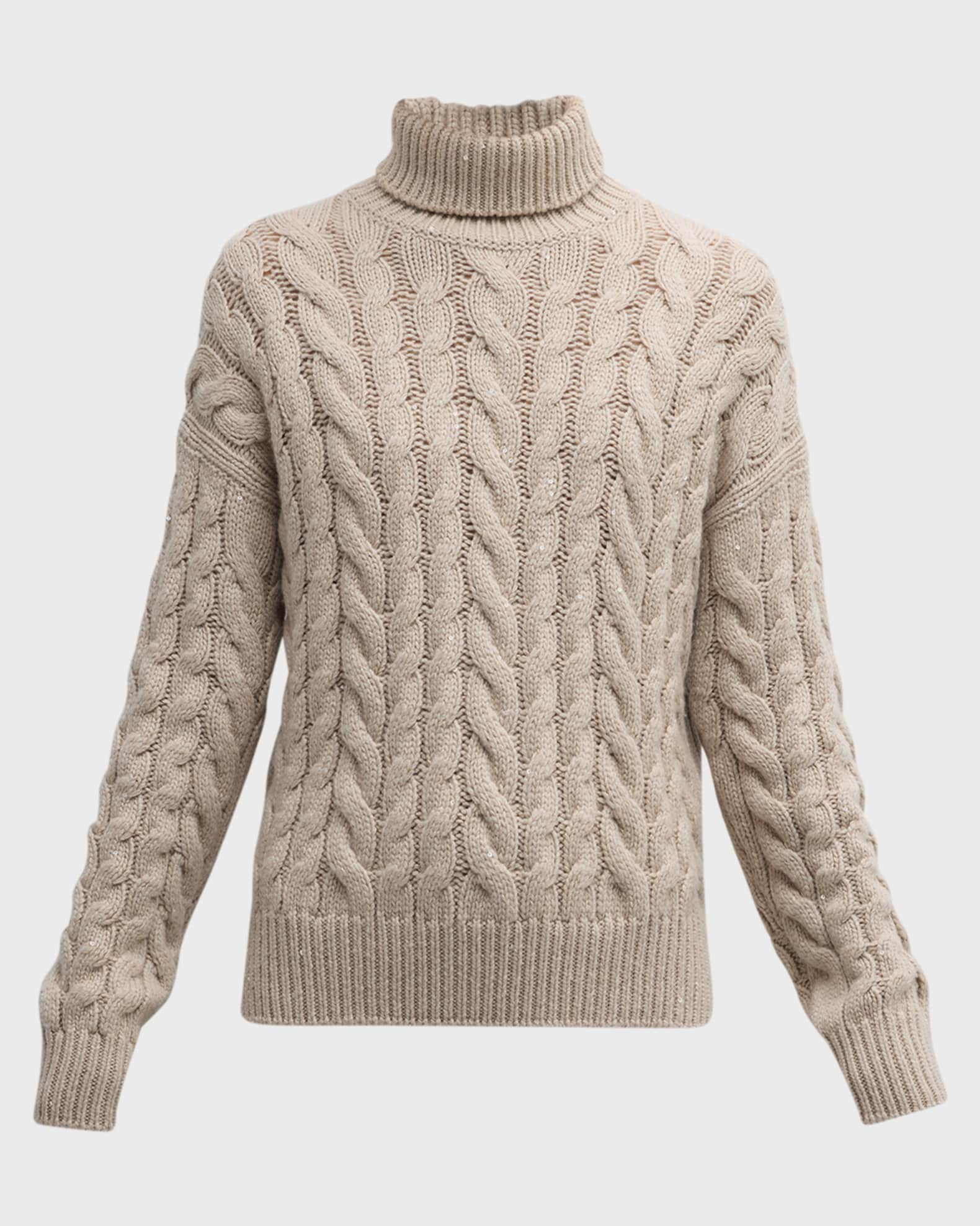 Brunello Cucinelli Turtleneck Cashmere-Silk Diamante Cable Knit Sweater ...