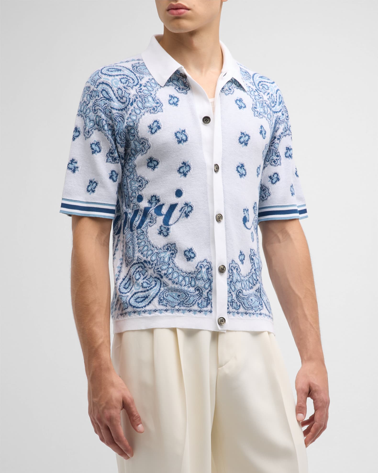 Amiri Short Sleeve Bandana Print Silk Shirt in Blue for Men