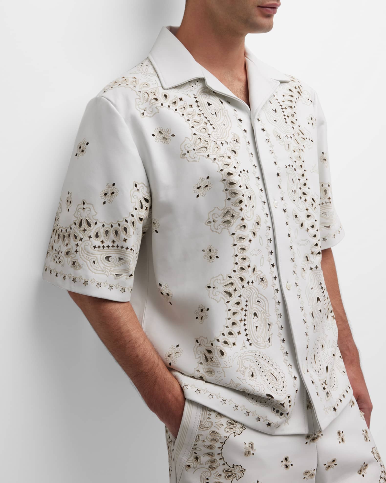 Amiri Men's Leather Laser Bandana Camp Shirt | Neiman Marcus