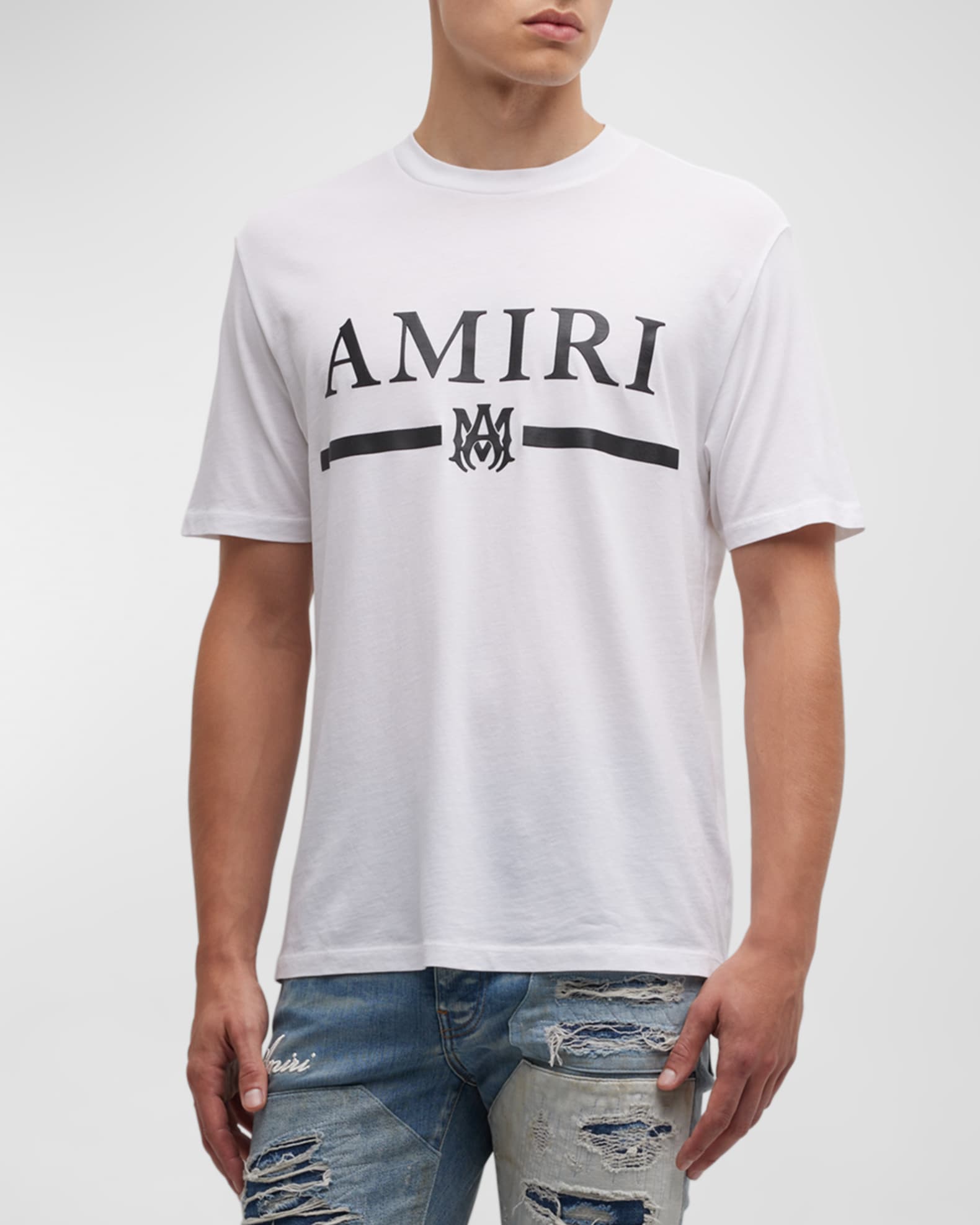 Men's luxury T-Shirt - Amiri T-Shirt in blue cotton with white lettering on  chest