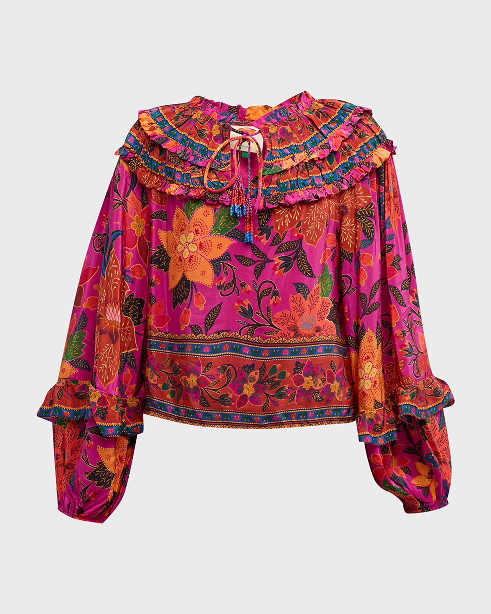 Farm Rio Tropical Tapestry Long-Sleeve Ruffled Blouse | Neiman Marcus