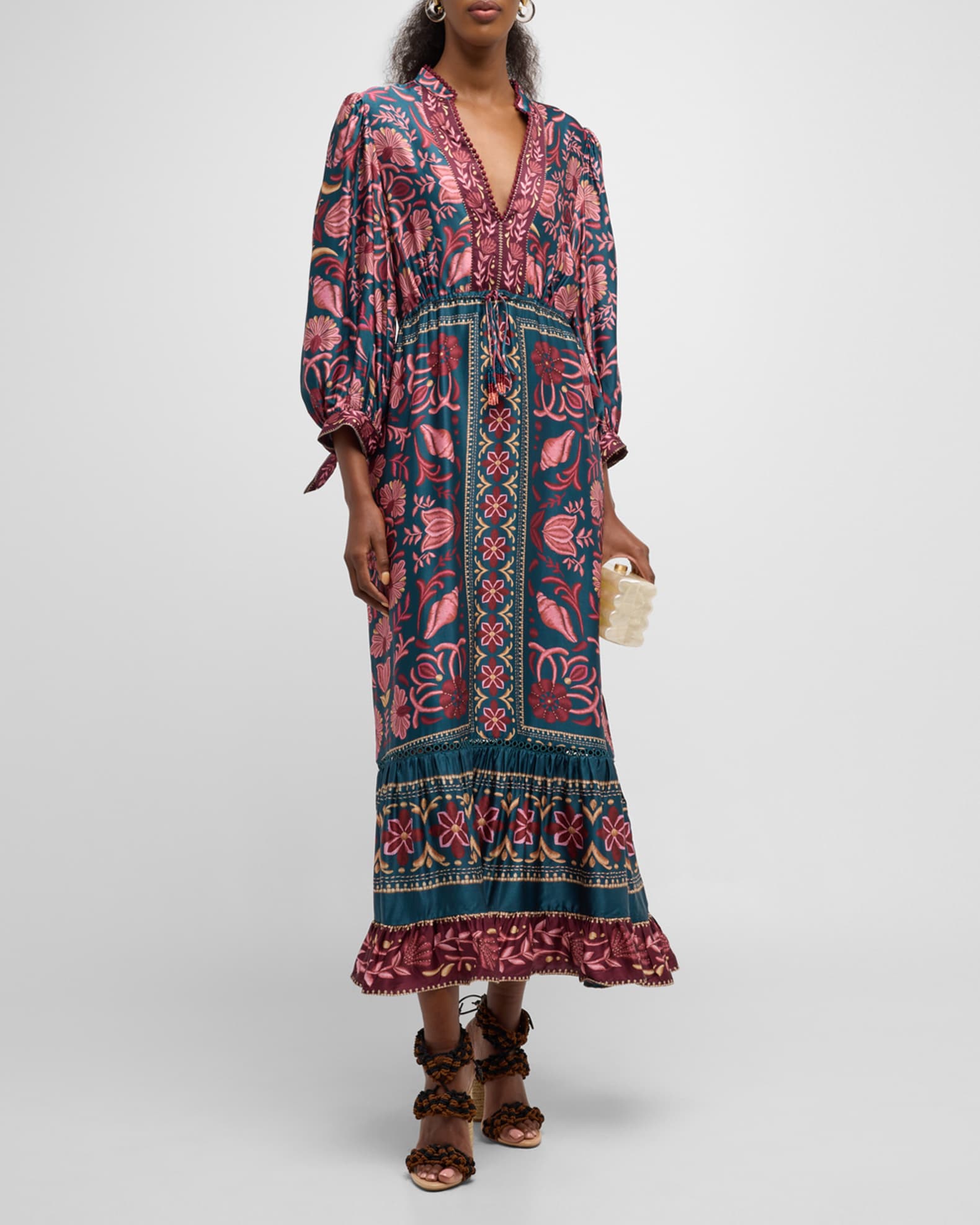Farm Rio Seashell Tapestry Printed 3/4-Sleeve Maxi Dress | Neiman Marcus