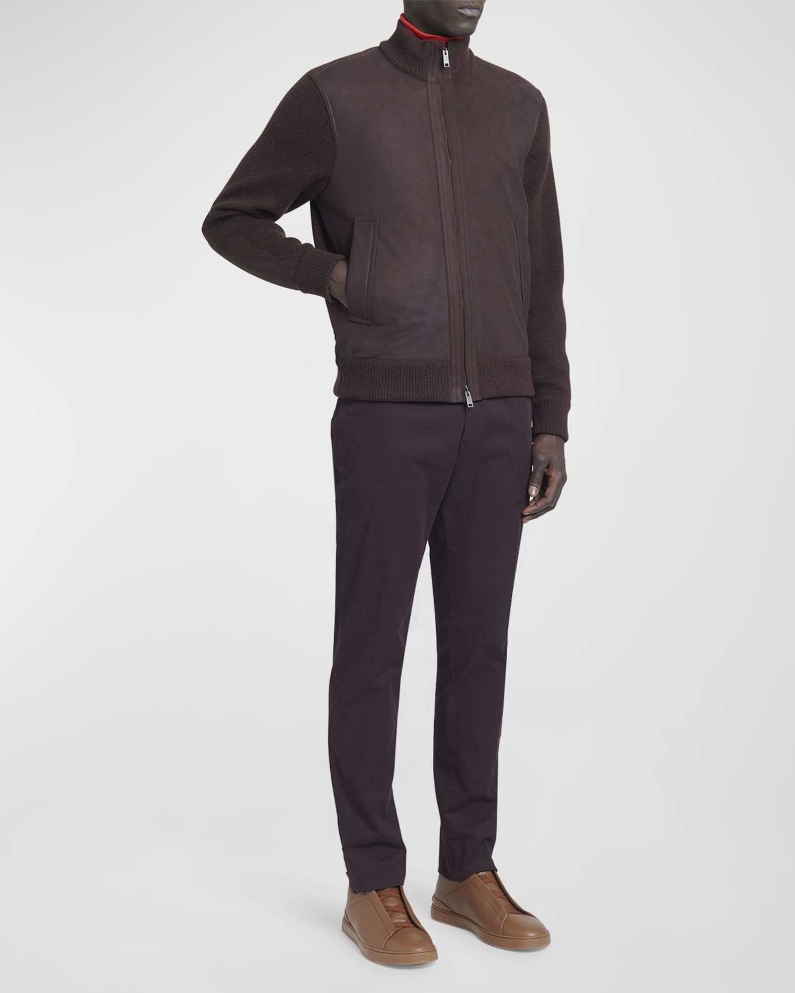 ZEGNA Men's Nubuck Leather Knit Blouson Jacket | Neiman Marcus