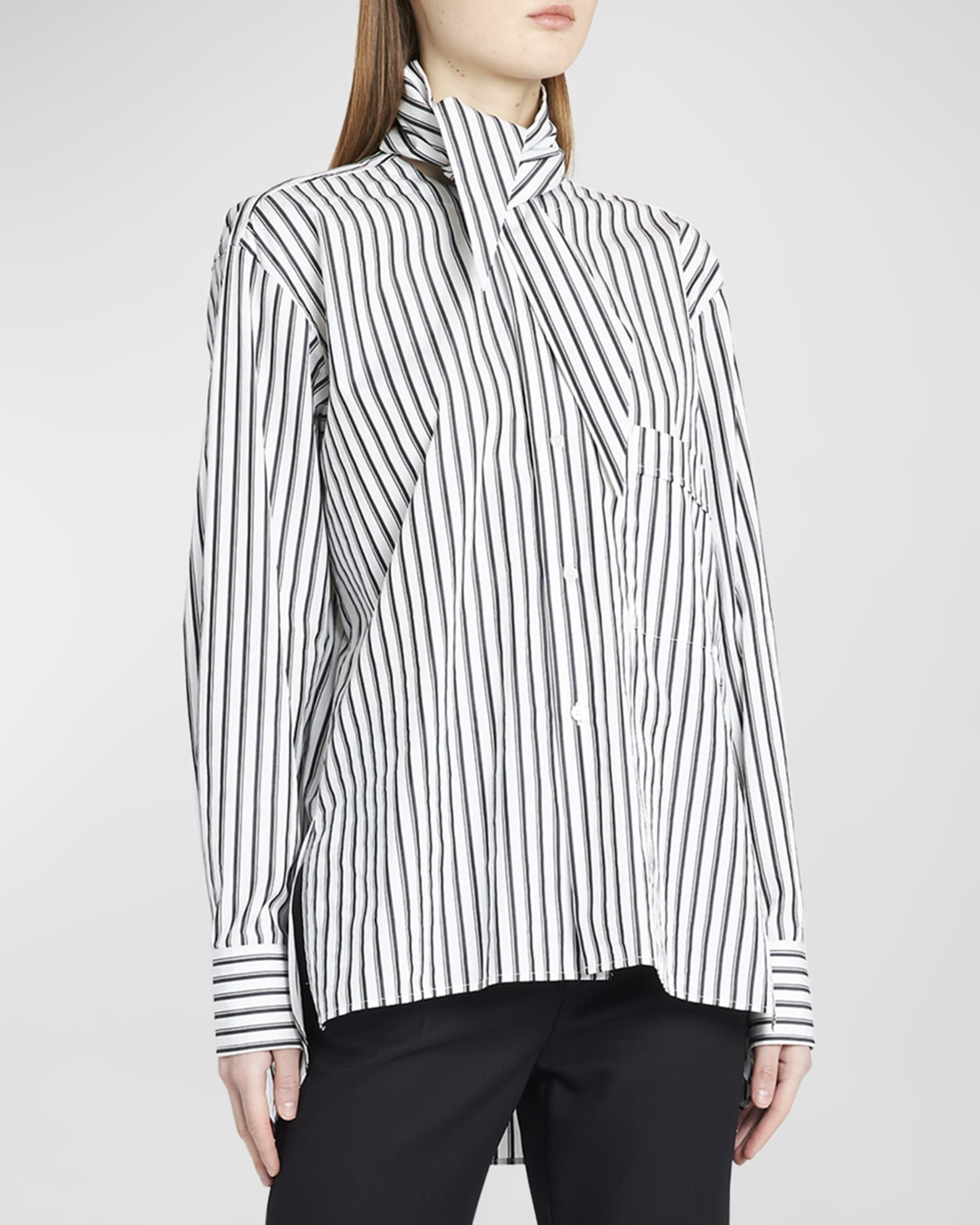 Plan C Striped Button-Front Shirt with Tie Neck