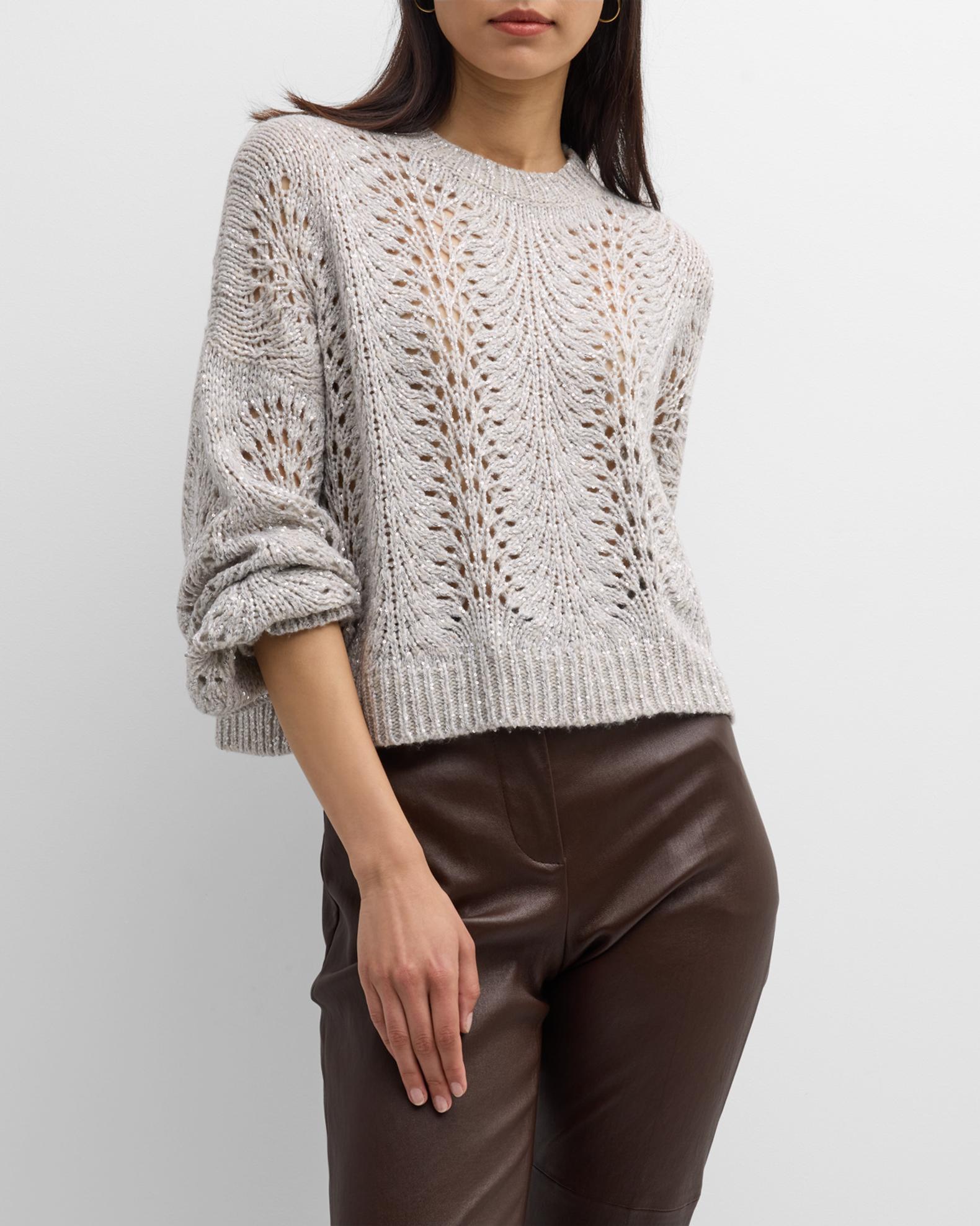 Brunello Cucinelli Cashmere Lace Knit Cropped Sweater with Micro ...