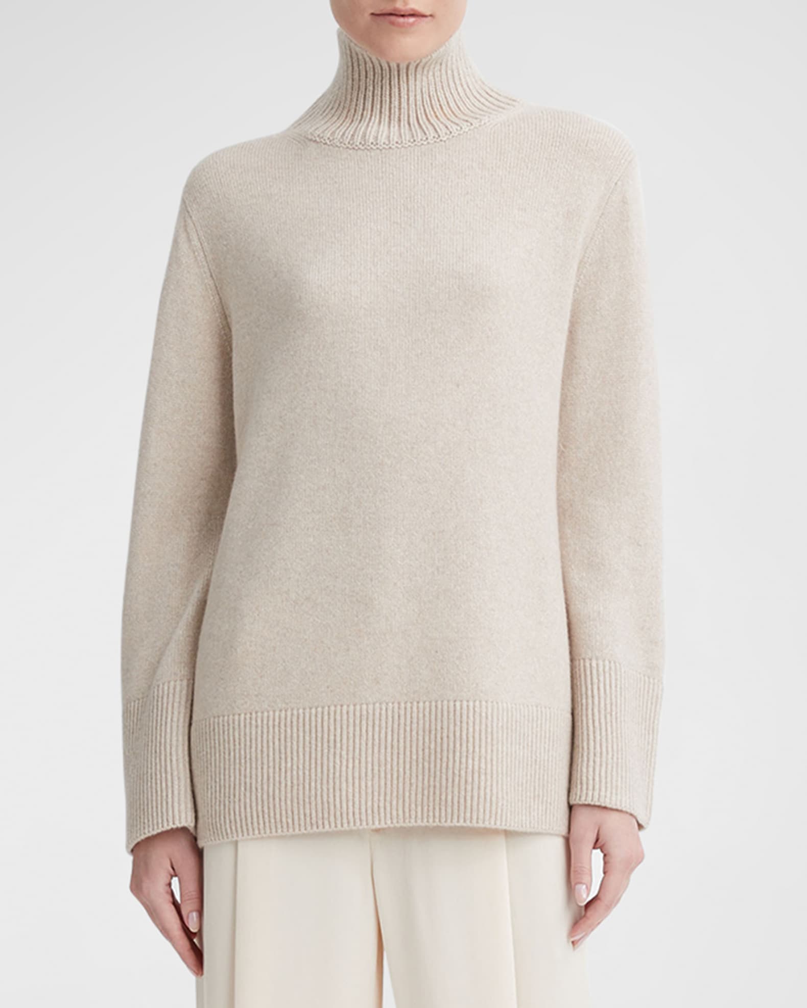 Vince Mixed Gauge Wool-Cashmere Turtleneck Tunic Sweater | Neiman Marcus