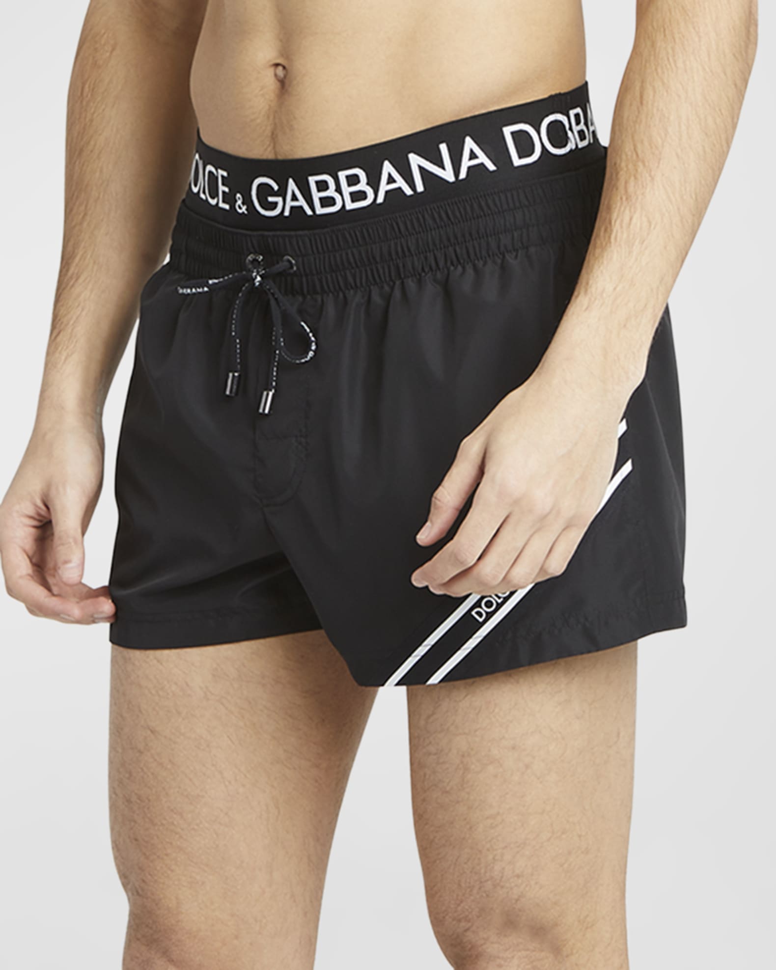 Dolce&Gabbana Men's Swim Shorts with DG Logo Waist | Neiman Marcus