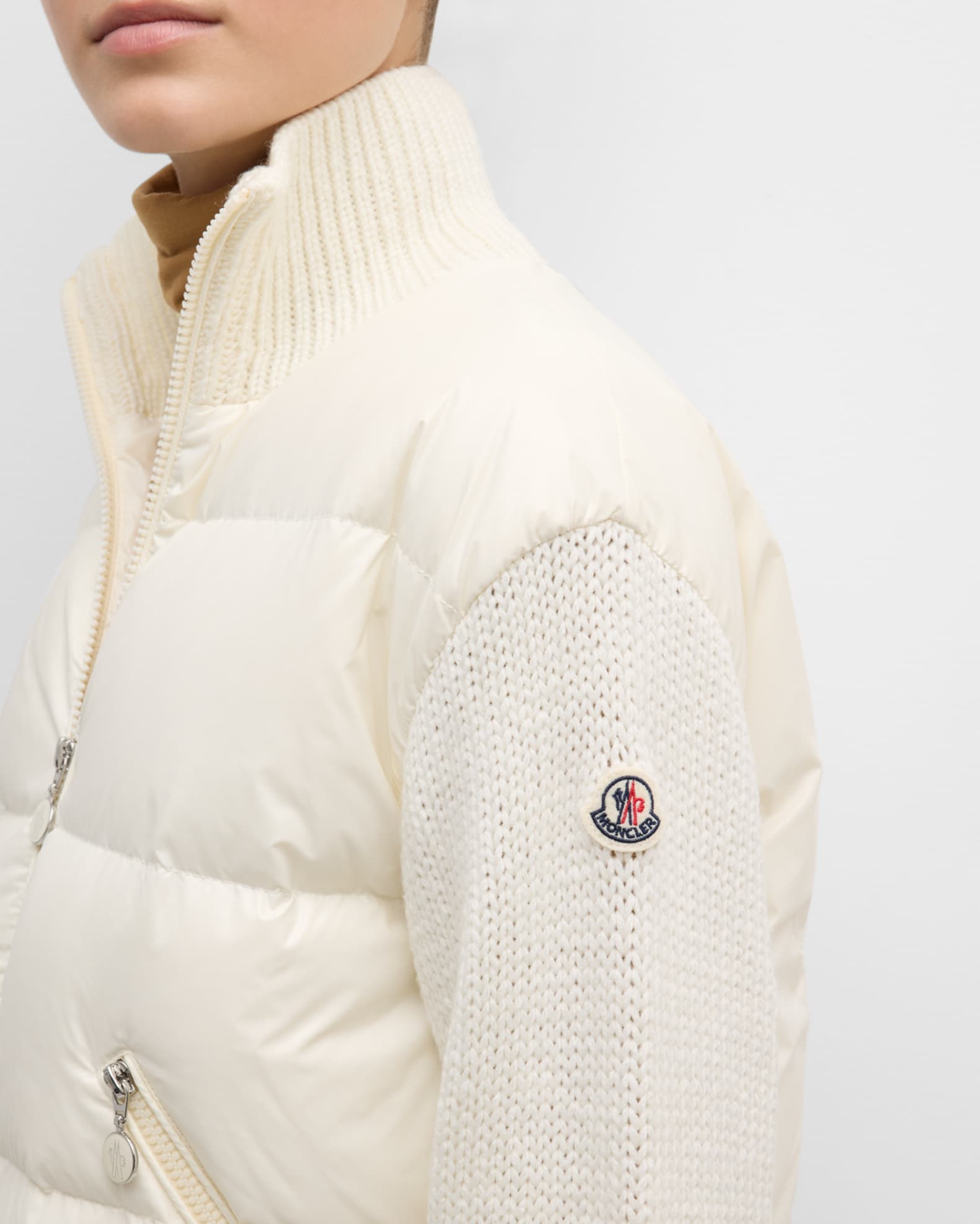 Moncler Wool Puffer Cardigan with Logo Embroidery | Neiman Marcus