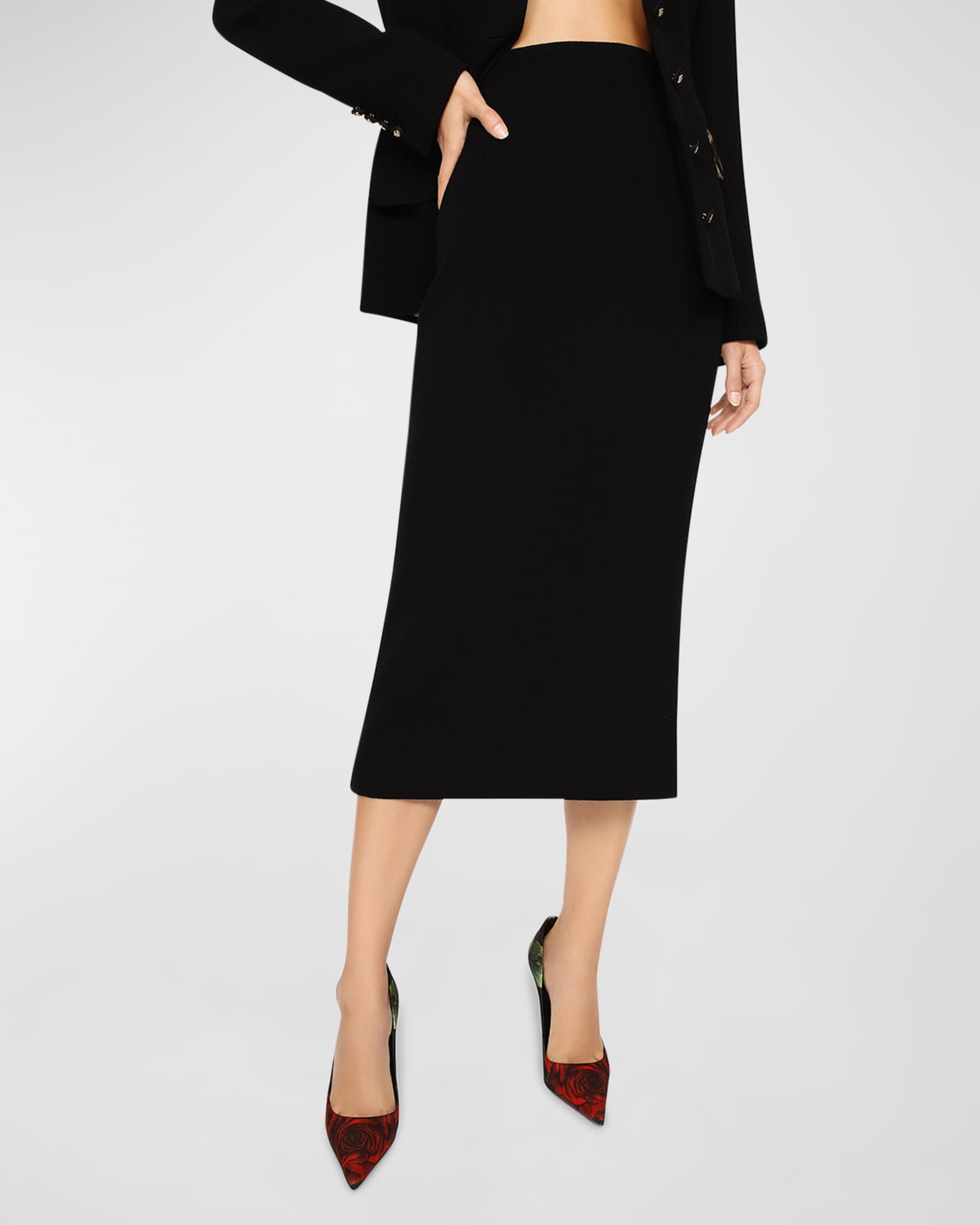 Central Split Hem Wool Midi Pencil Skirt