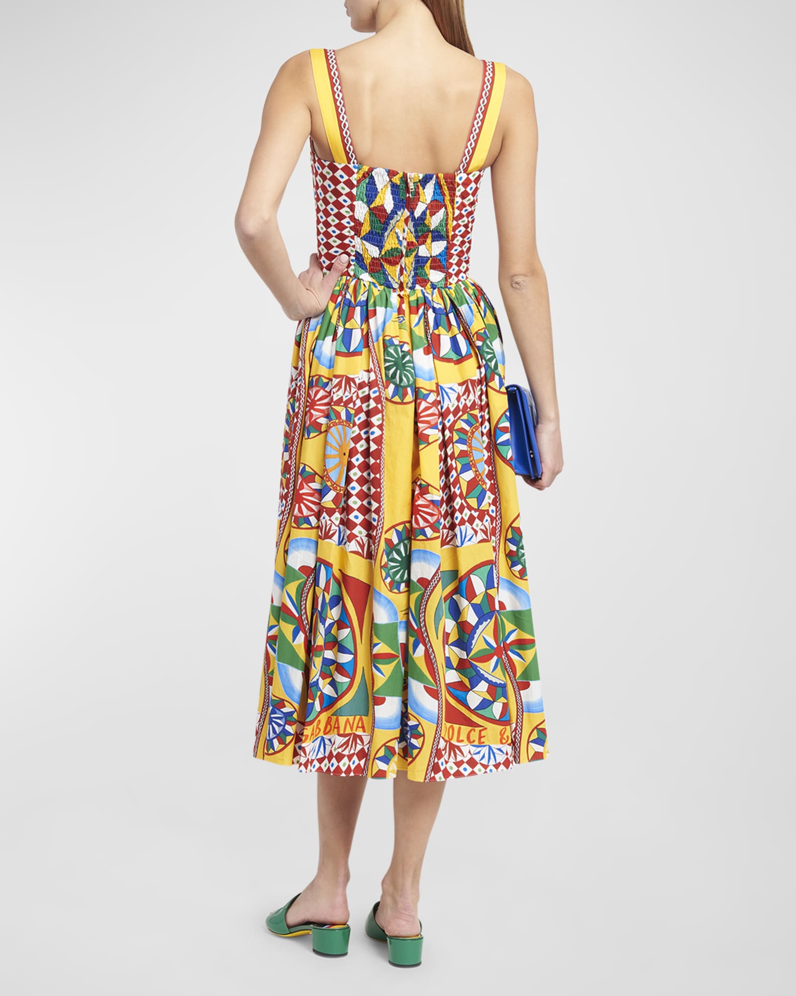 Dolce&Gabbana Carretto-Print Sleeveless Bustier Midi Dress | Neiman Marcus